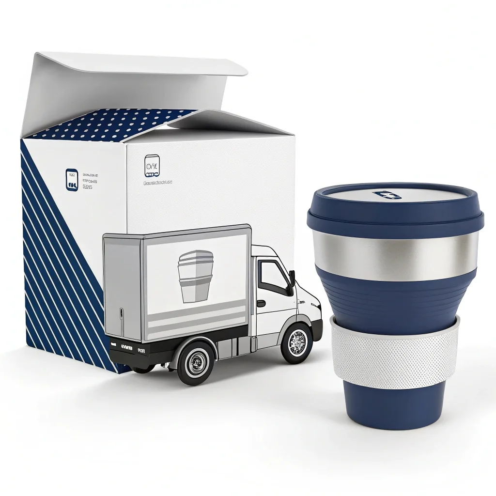 Collapsible travel cup with blue and silver packaging featuring a truck.