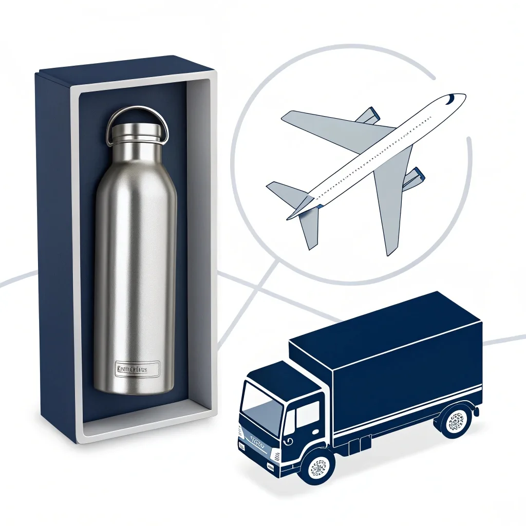 Stainless steel bottle in premium packaging with truck and airplane illustrations.