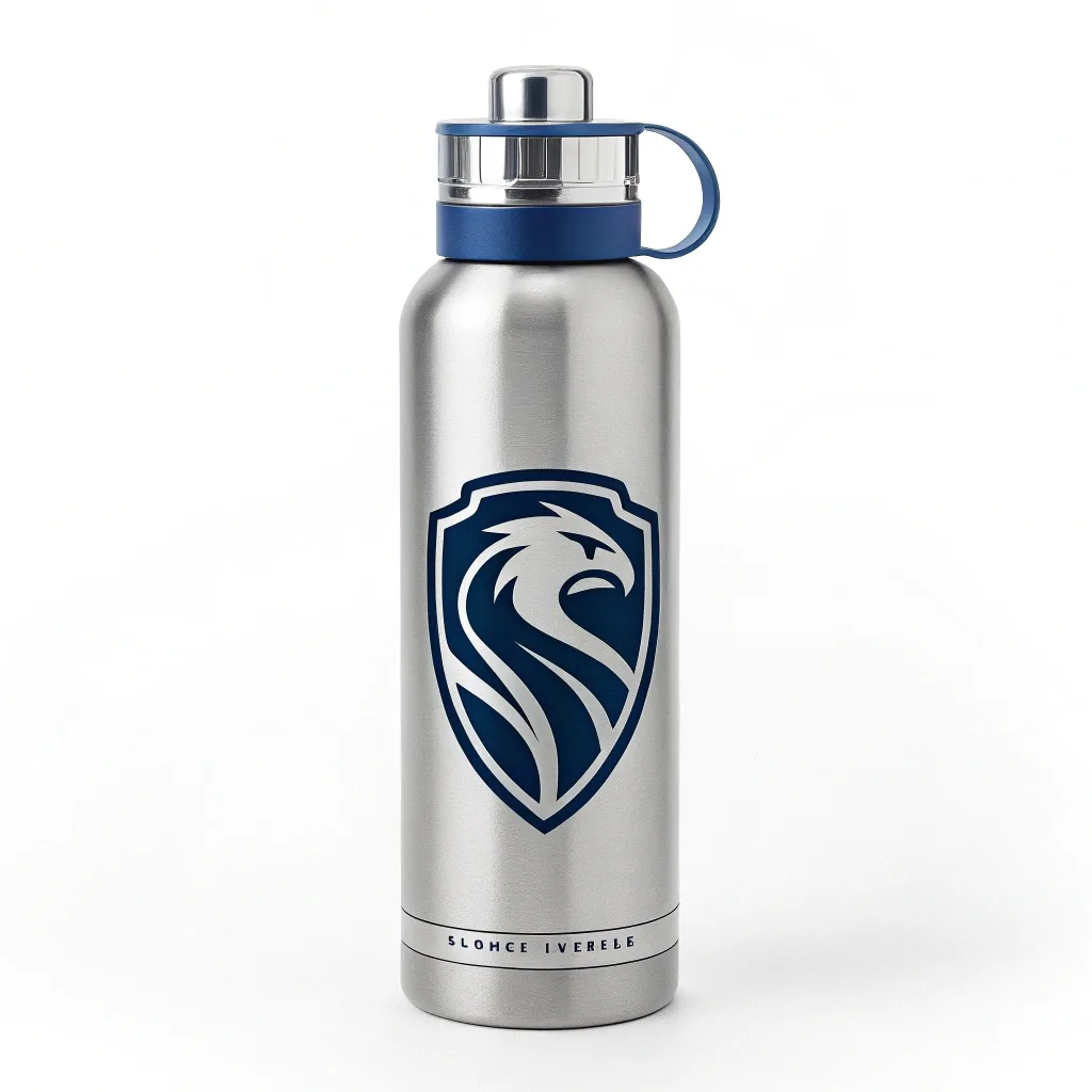 Sleek stainless steel water bottle with a lion logo and blue accents.