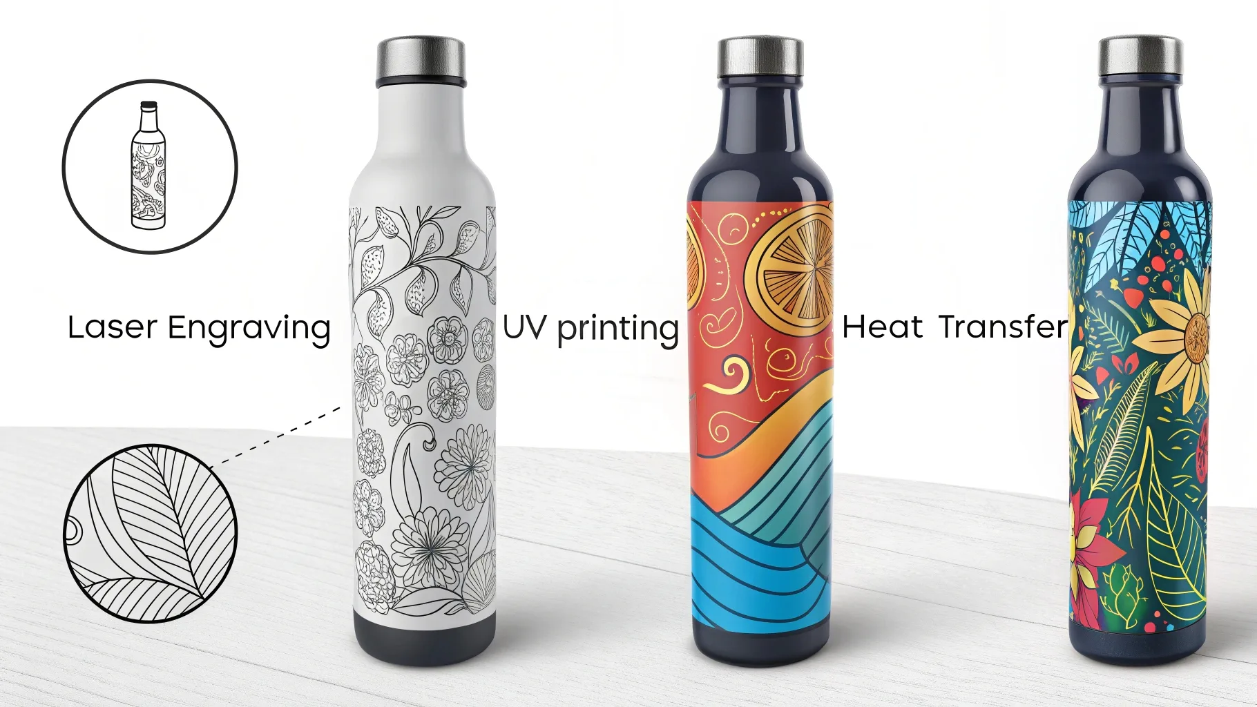 Three bottles showcasing different printing methods—laser engraving, UV printing, and heat transfer.