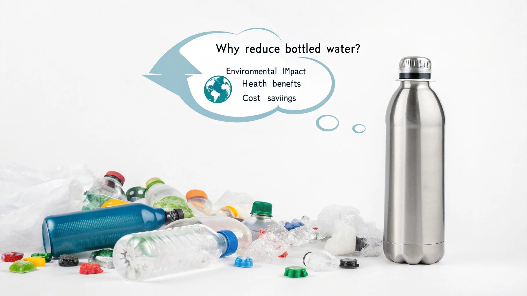 Stainless steel bottle next to plastic waste with a message about reducing bottled water.