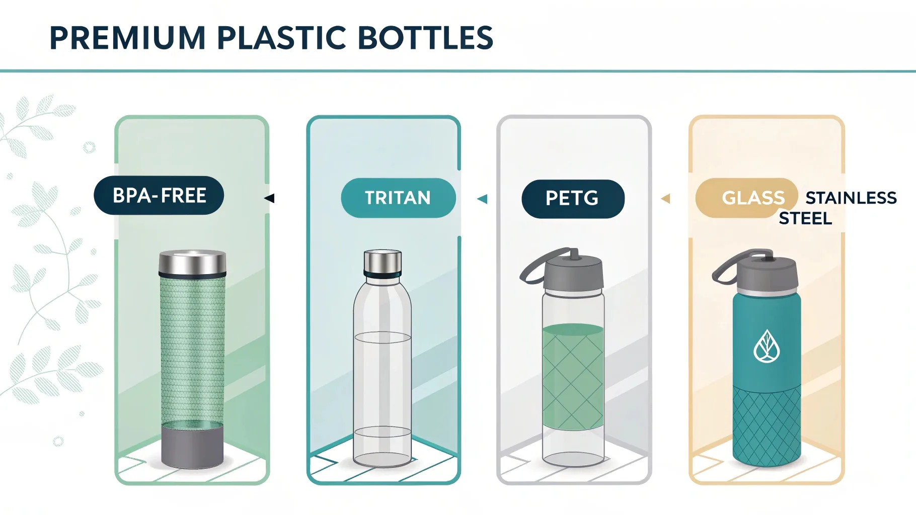 Infographic comparing BPA-free, Tritan, PETG, glass, and stainless steel bottles.