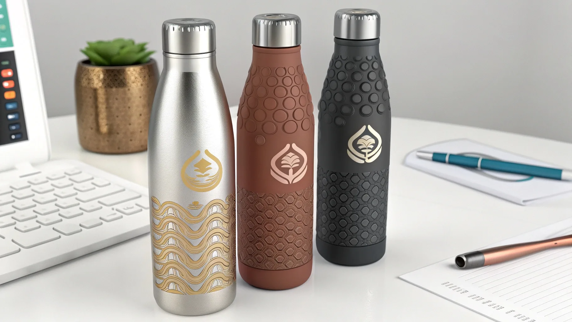 Three luxury stainless steel bottles with engraved and embossed patterns.