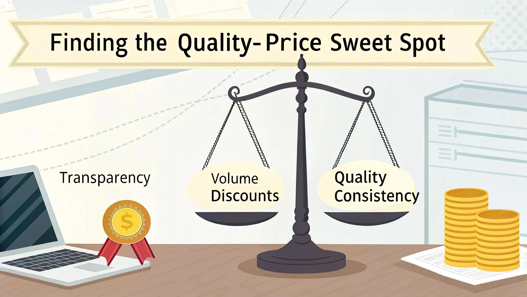 A scale weighing volume discounts and quality consistency.