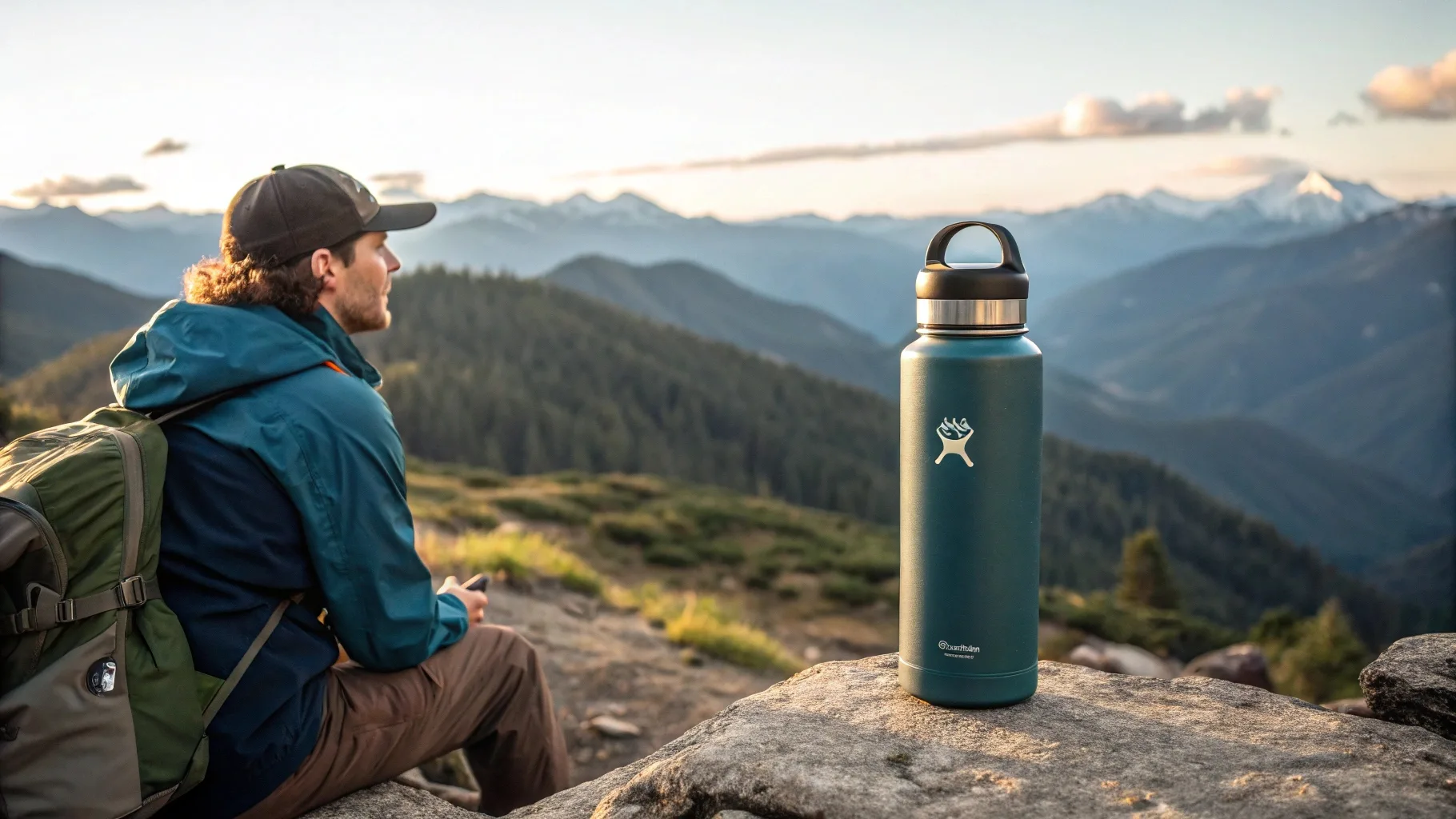 A hiker with a Hydro Flask in the mountains.