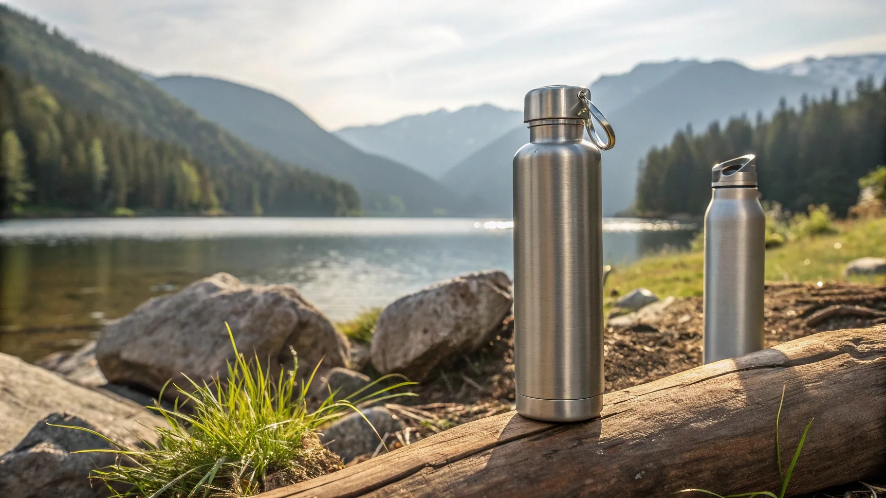 Stainless steel bottles by a mountain lake.