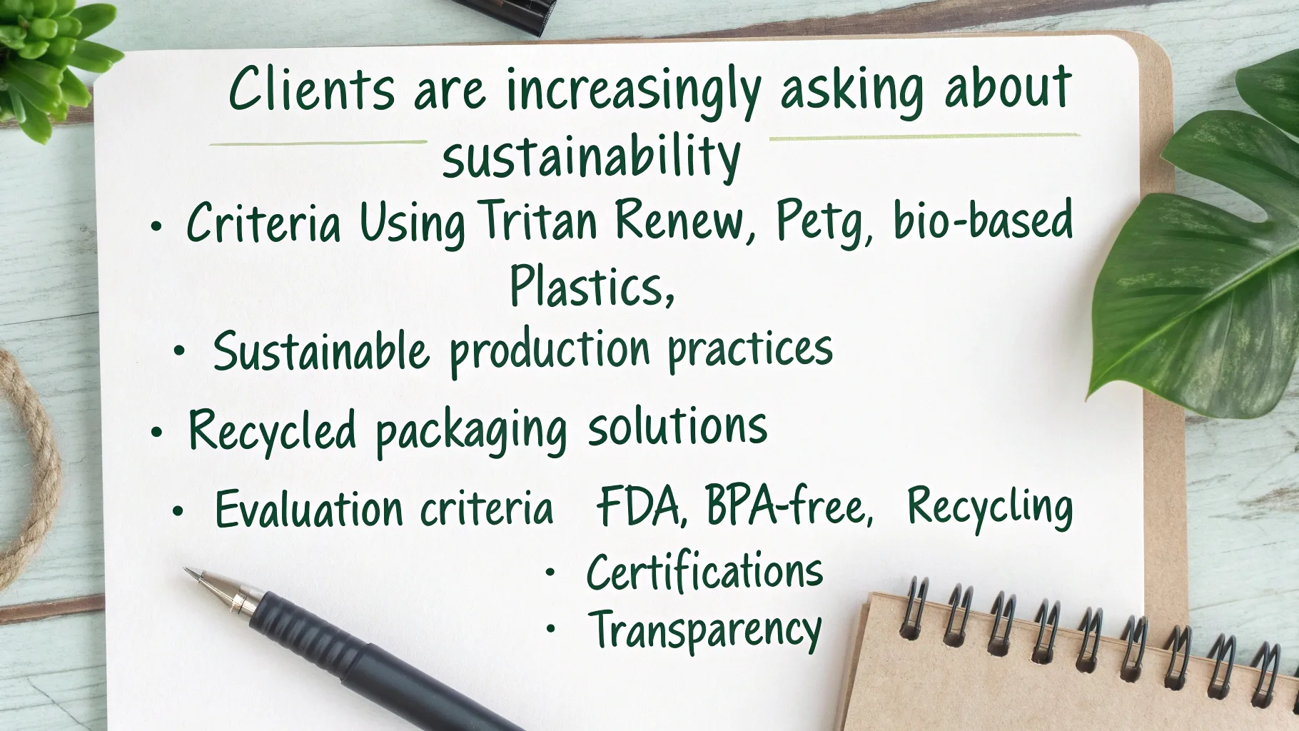 A handwritten note listing key sustainability factors.
