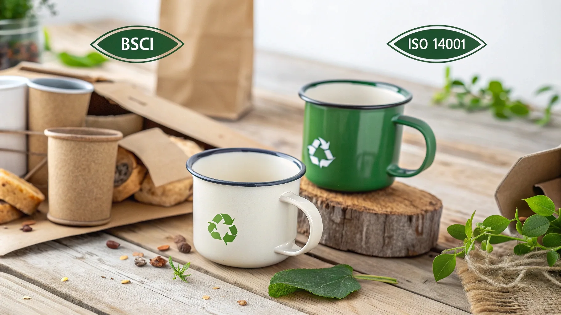 Two enamel mugs with recycling symbols surrounded by sustainable packaging.