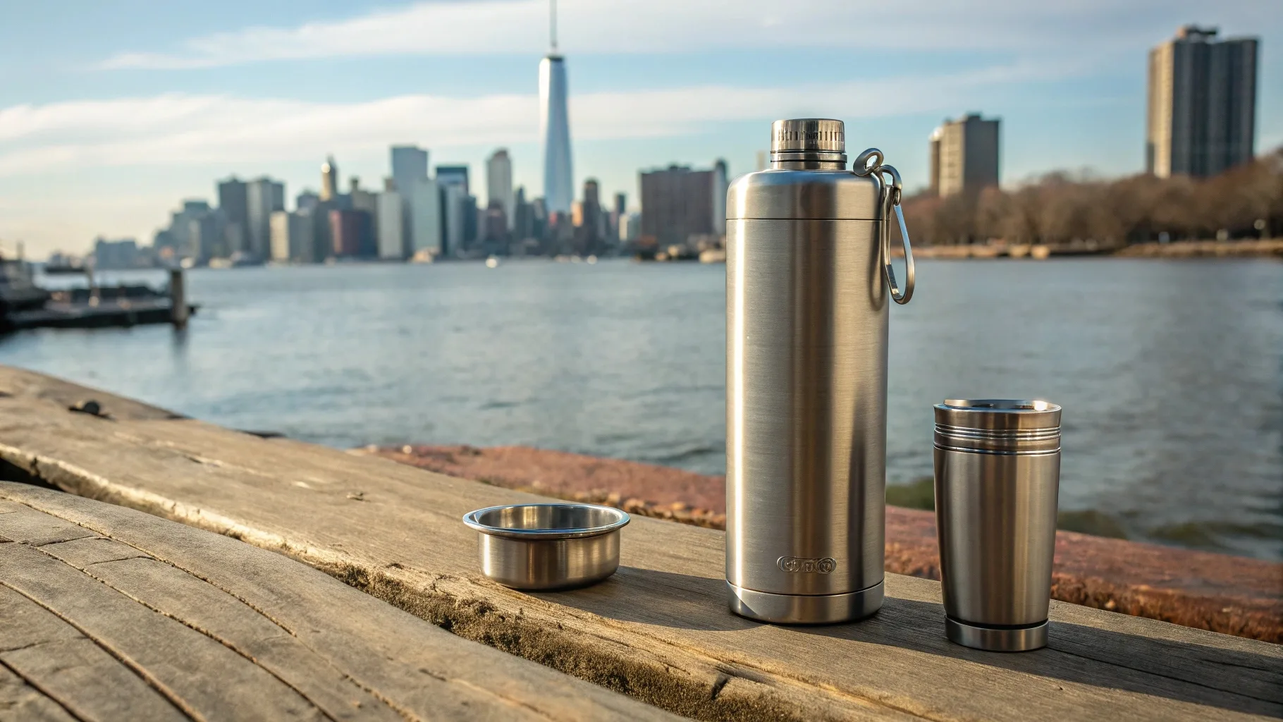 A stainless steel bottle set against a city skyline.