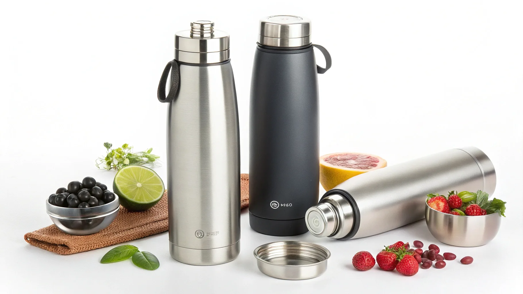 Stainless steel water bottles with fresh fruits and healthy ingredients.