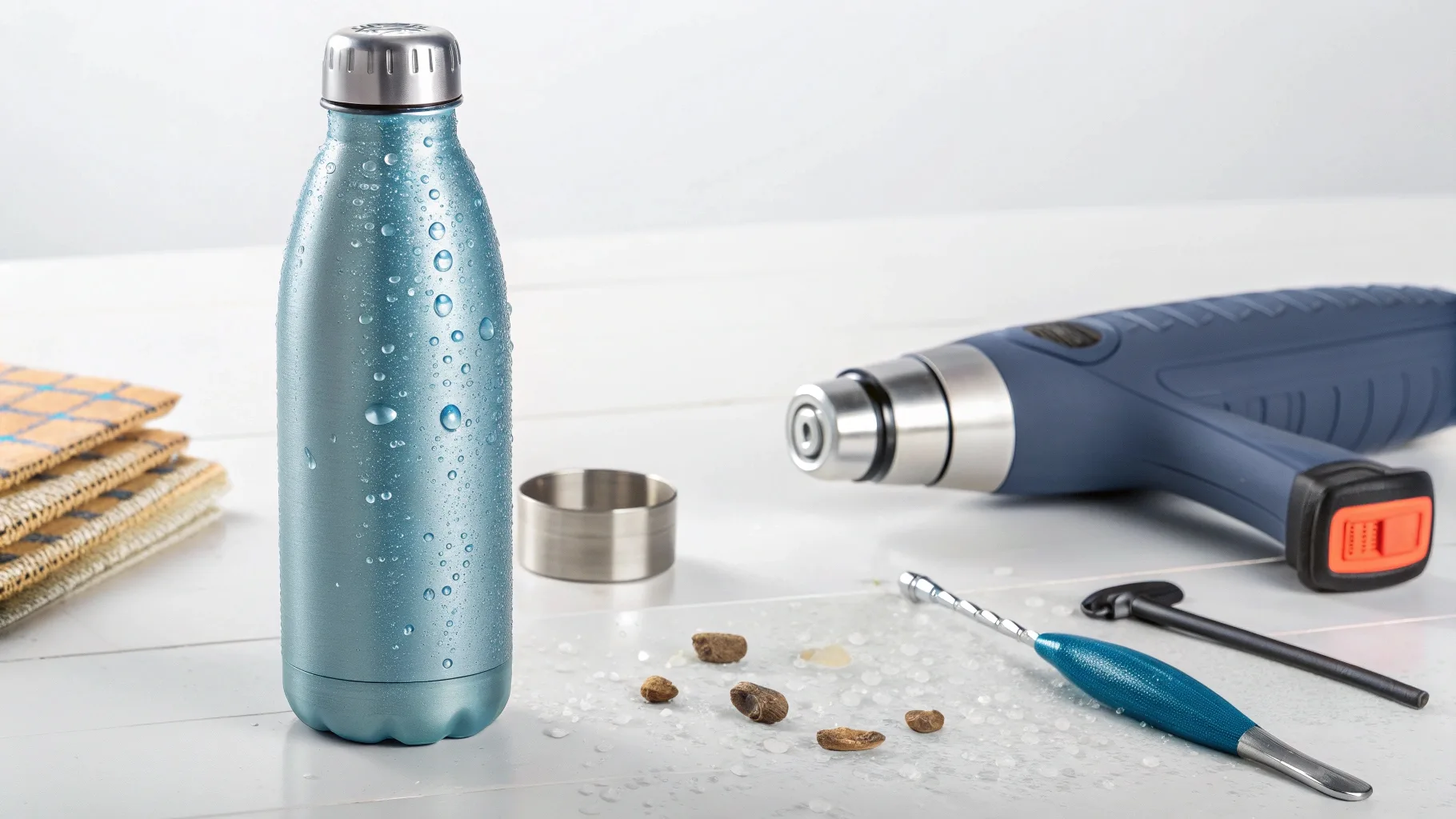 Stainless steel bottle in a testing environment.