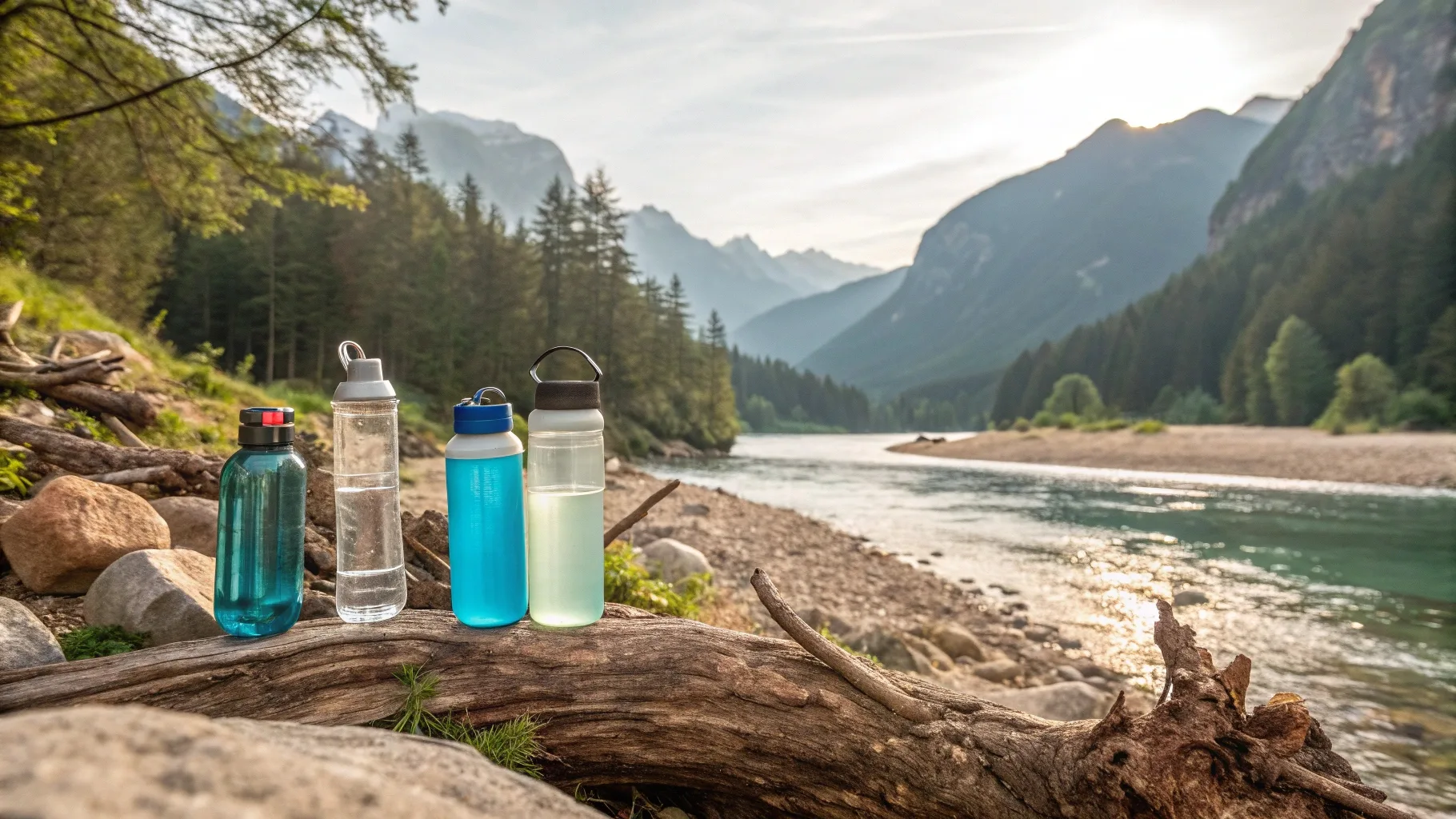 Four reusable water bottles placed on a log by a scenic river and mountain backdrop.