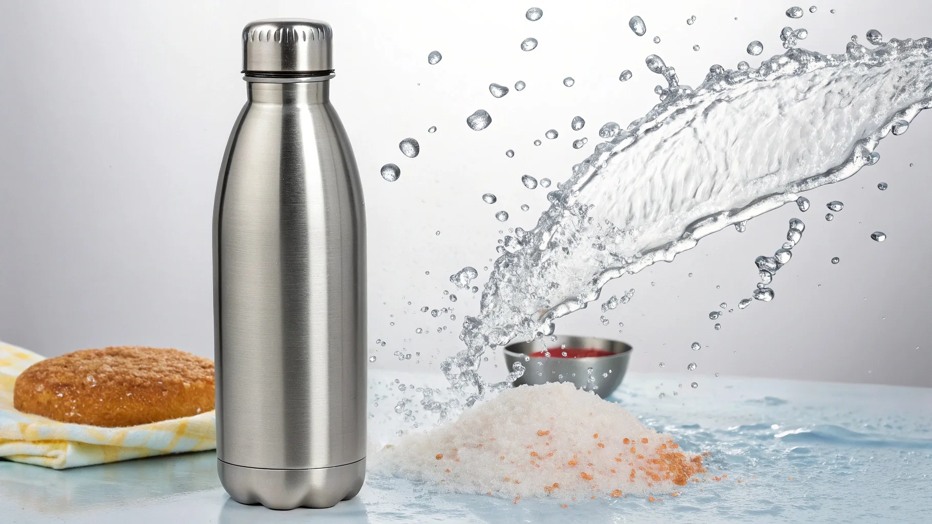 A stainless steel bottle tested against water exposure.