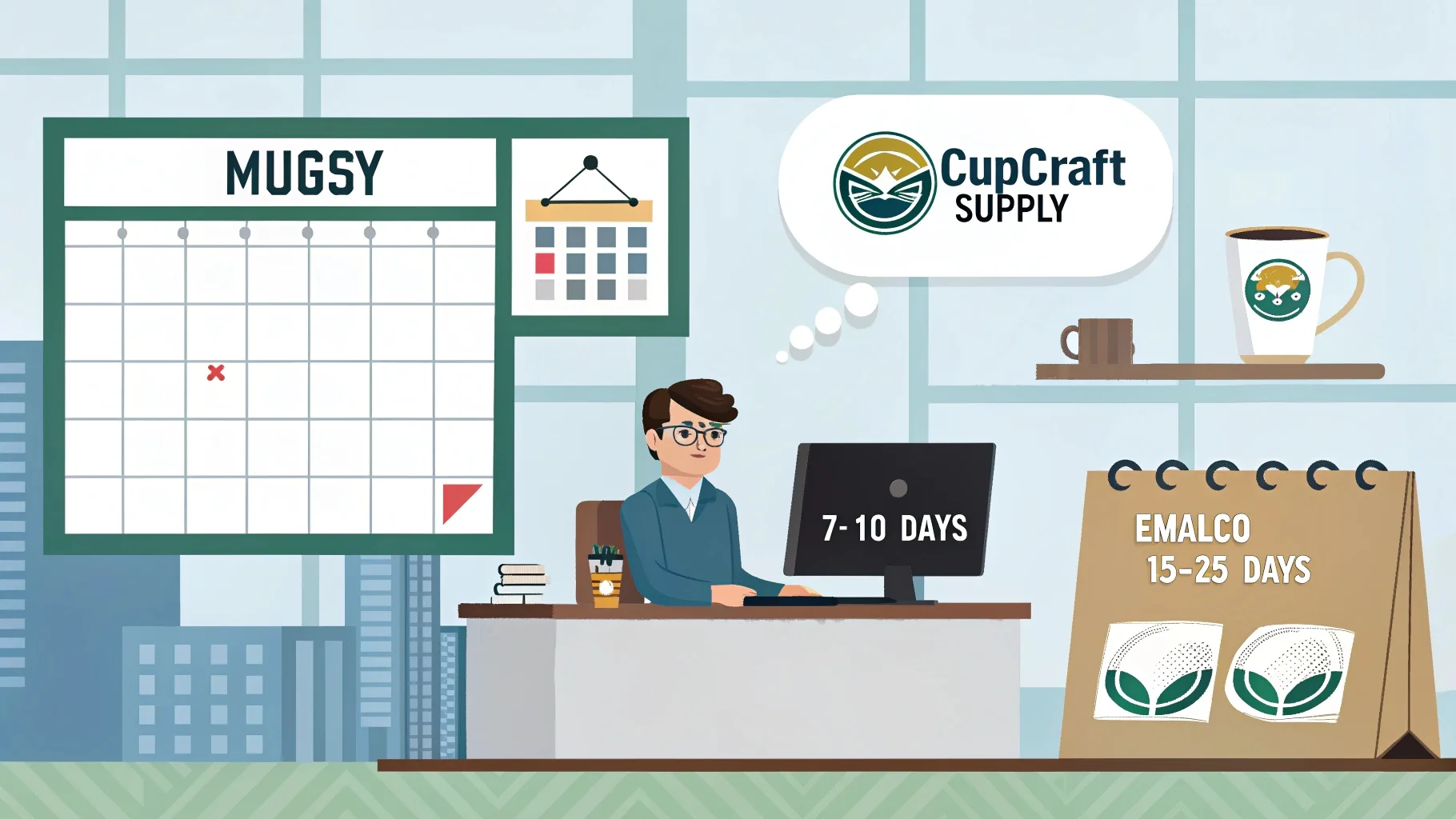 An illustrated office setting comparing enamel mug supplier turnaround times.