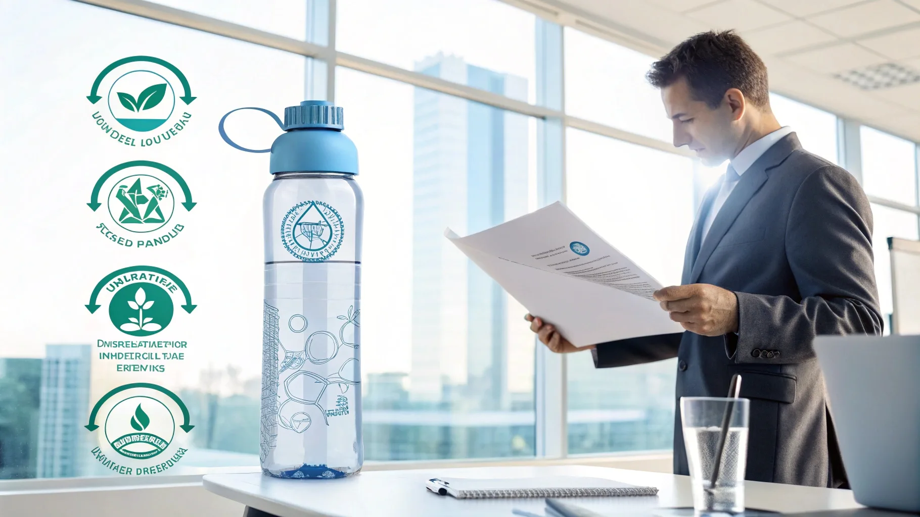 Businessman reviewing sustainable water bottle details.