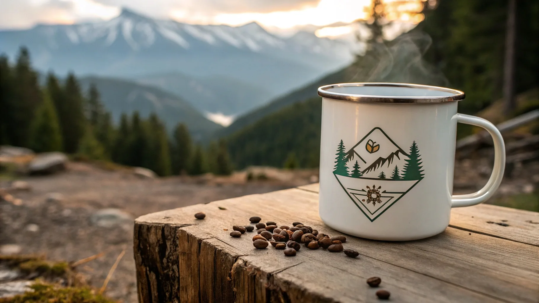 A steaming enamel mug on a rustic wooden stump with mountains in the background.