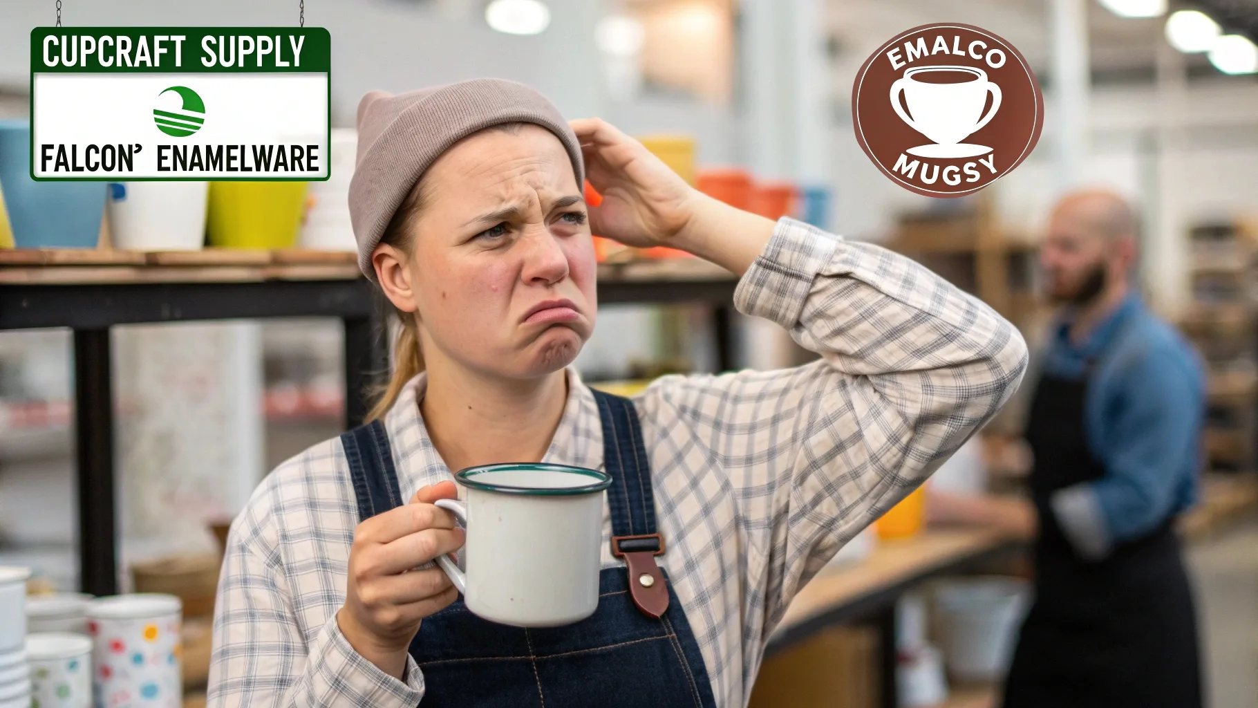 A woman in a workshop expressing frustration over an enamel mug order.