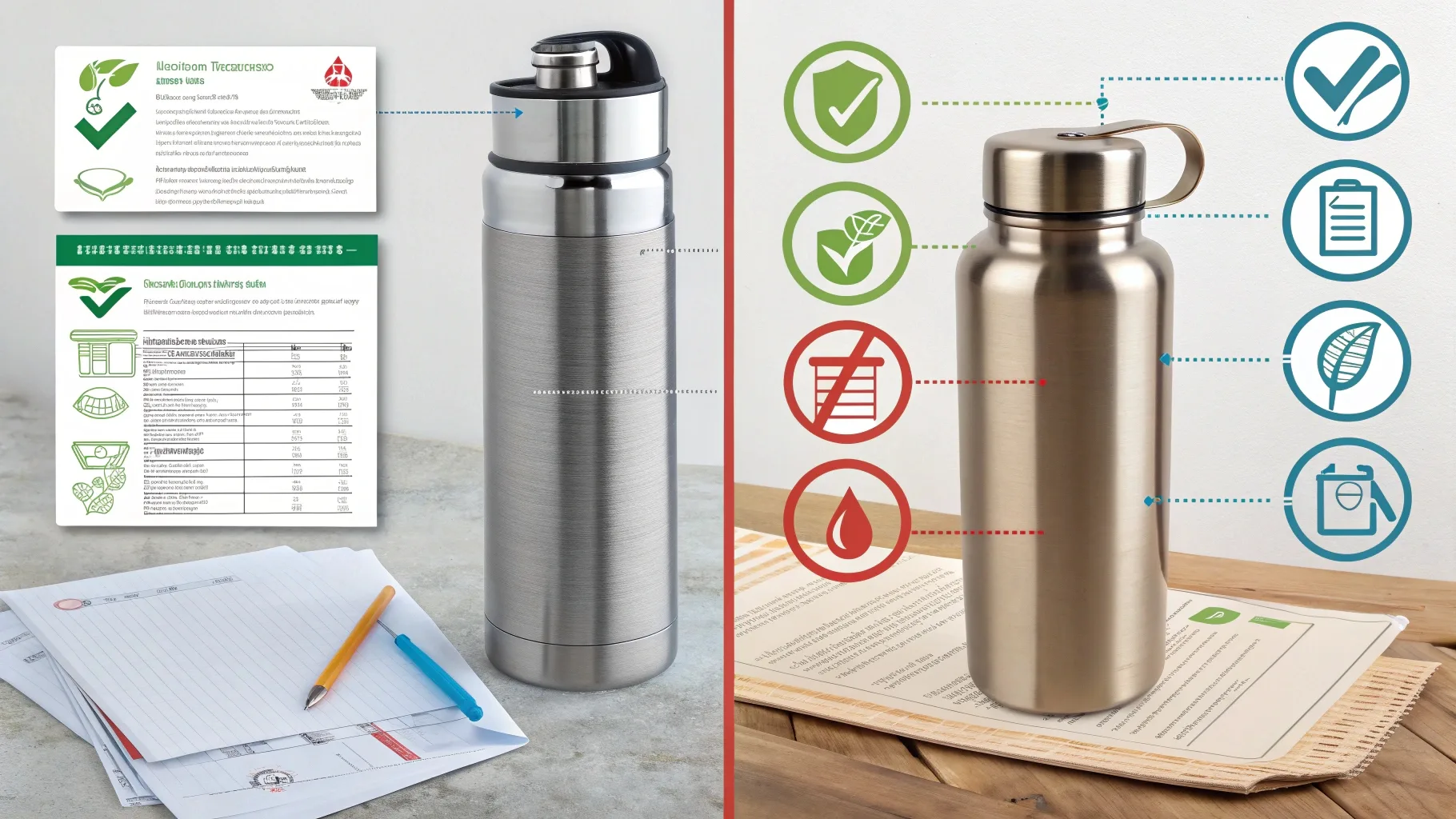 A comparison of genuine and counterfeit stainless steel bottles.