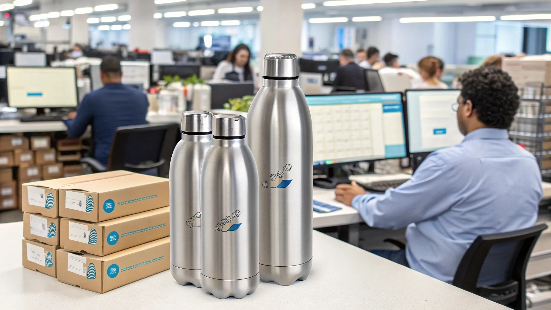 Stainless steel promotional bottles in a busy office environment.