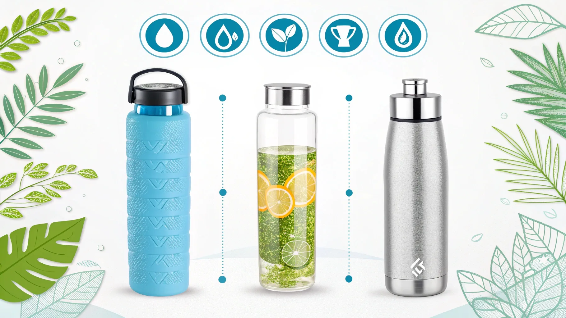 Three eco-friendly water bottles with sustainability icons.