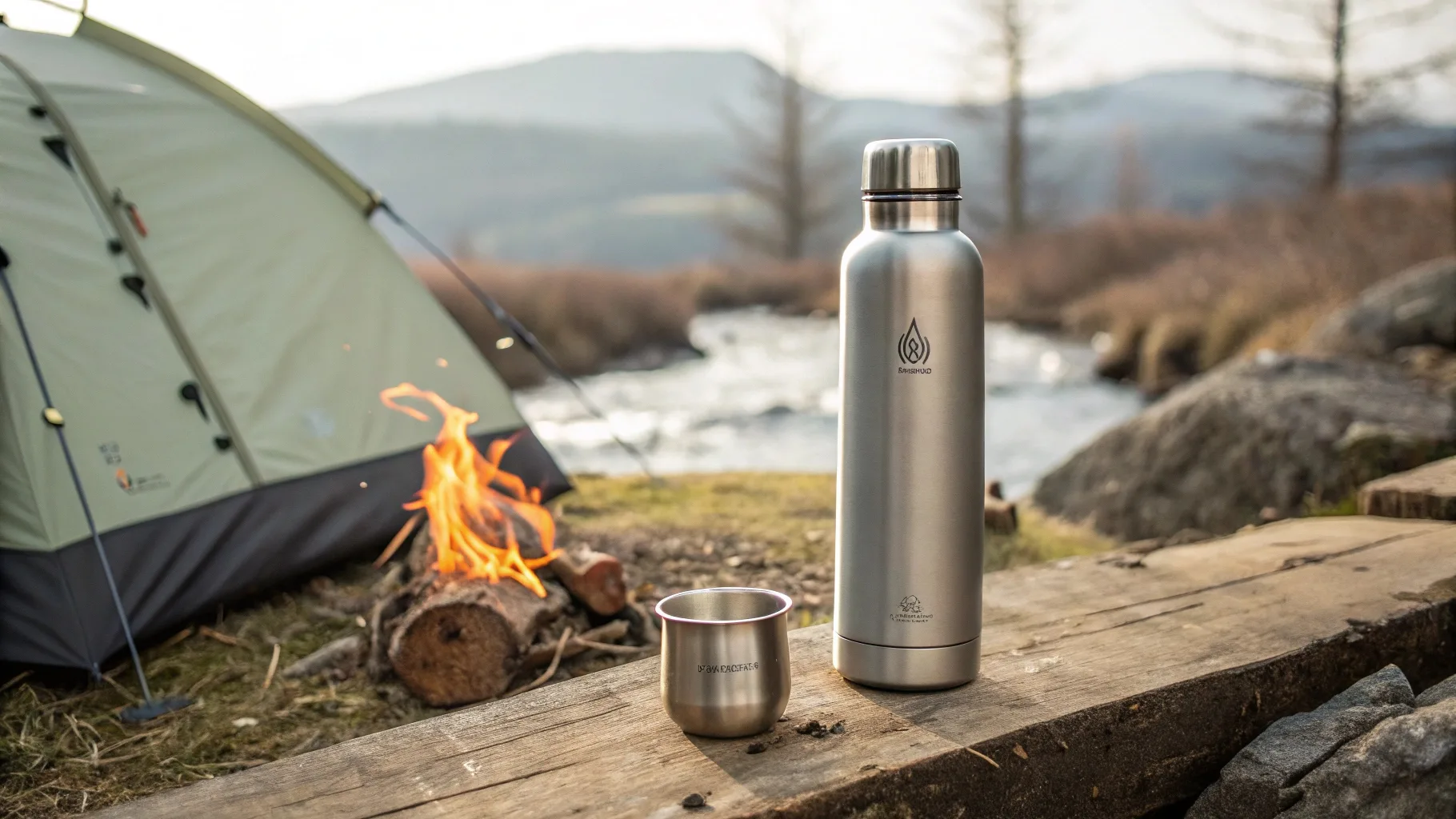 A thermos bottle by a campfire.