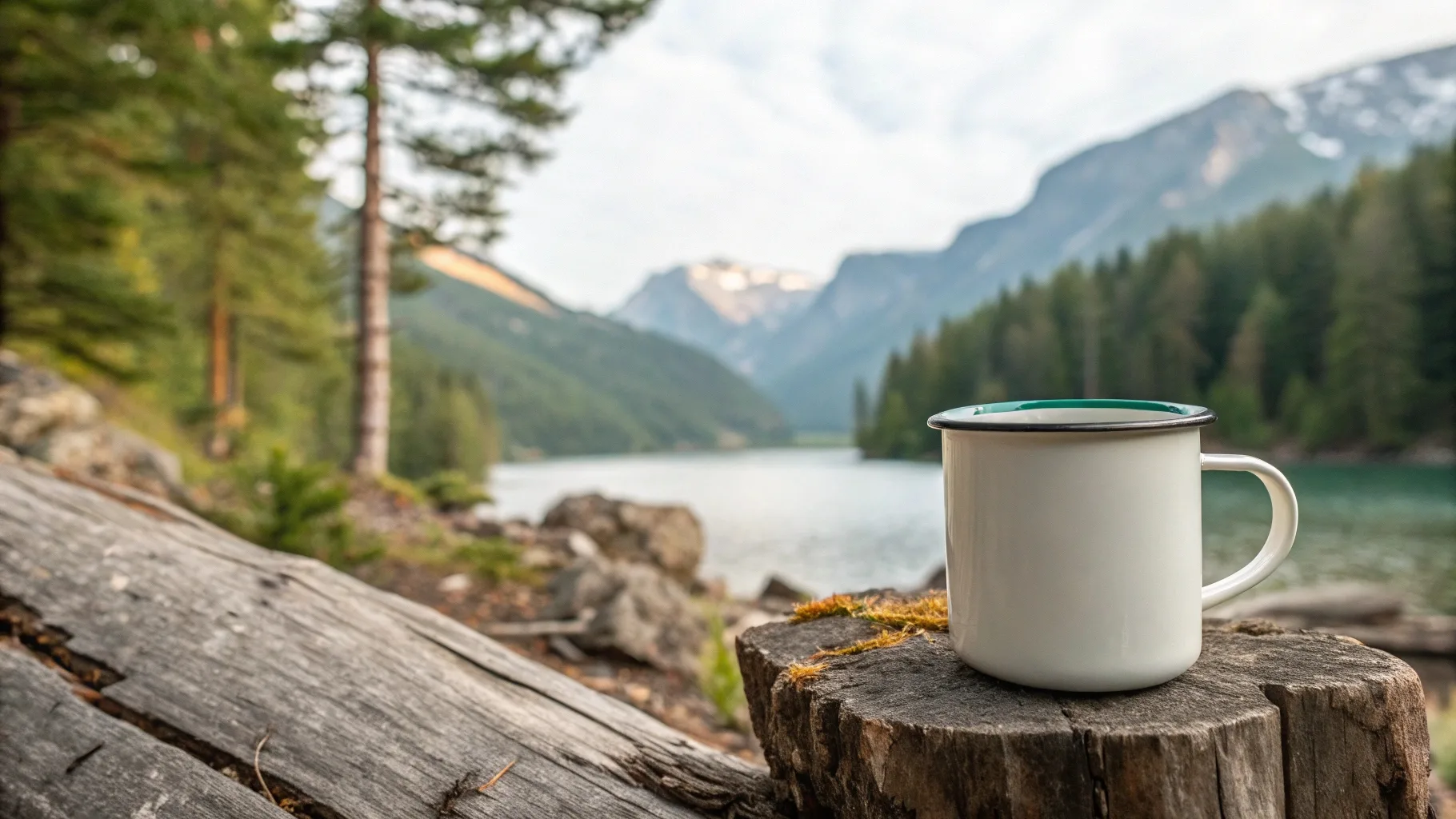 A white enamel mug on a tree stump with a mountain lake view.