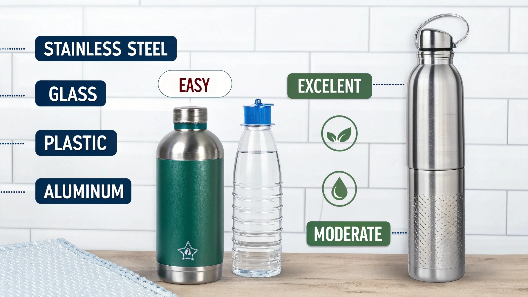 A comparison of stainless steel, plastic, and aluminum water bottles.