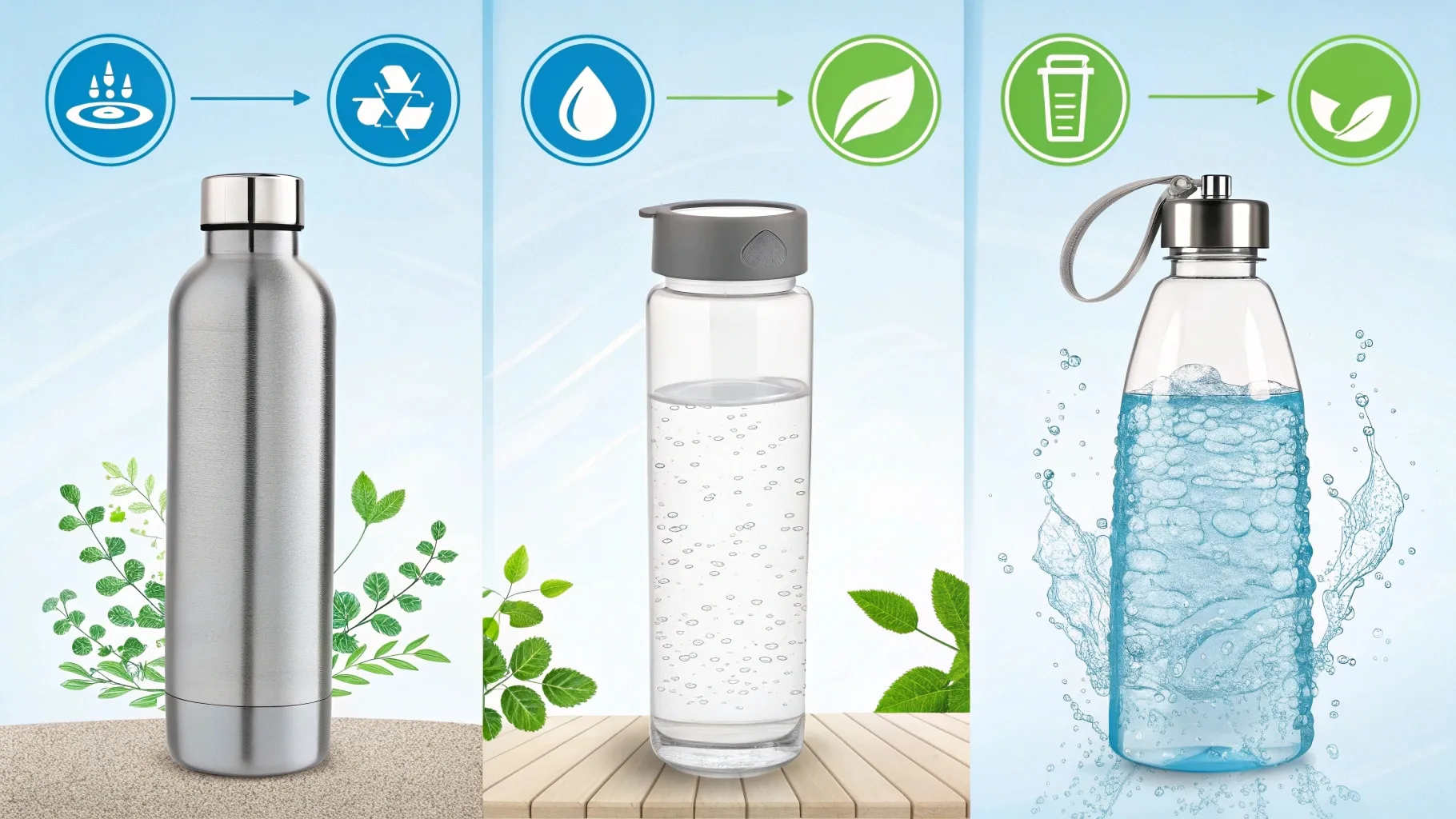 Three types of reusable bottles with sustainability icons.