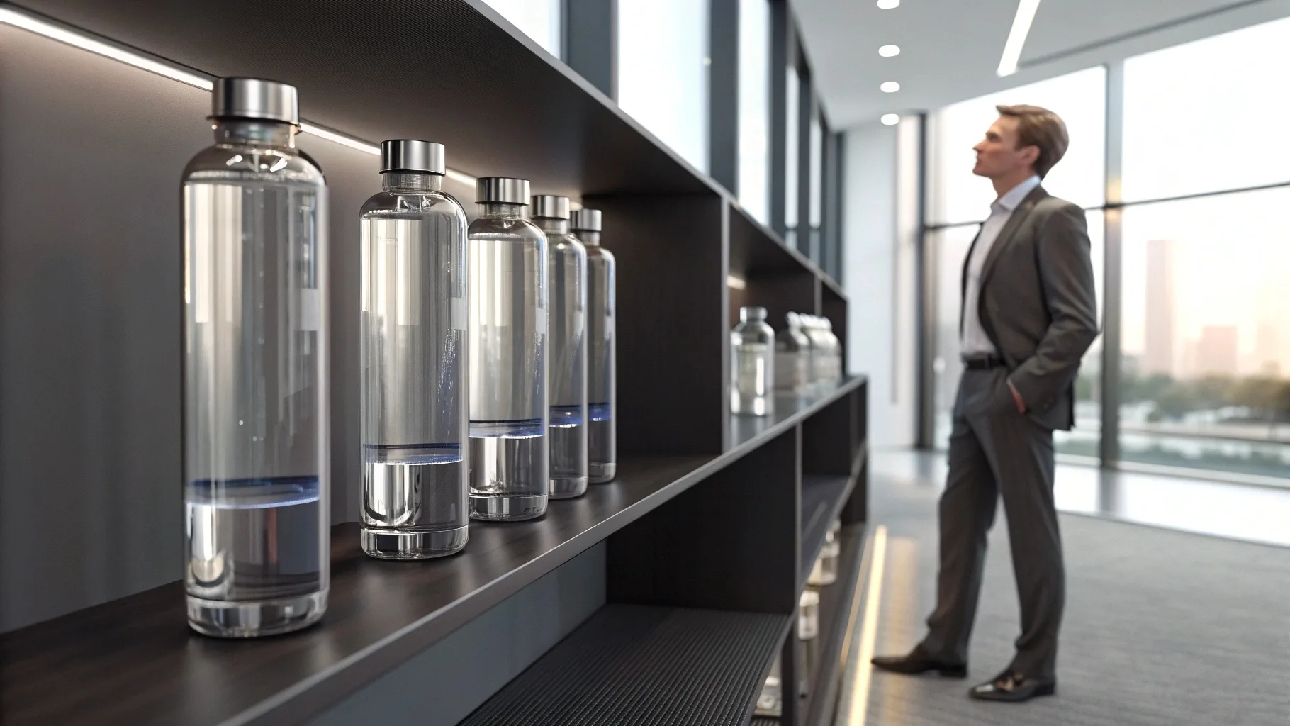 A businessman in a suit observes a row of stylish water bottles in a modern office.