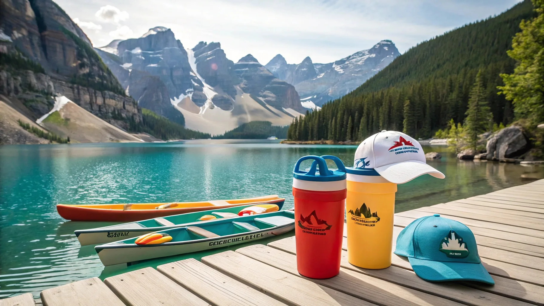 Outdoor adventure gear displayed by a scenic lake.