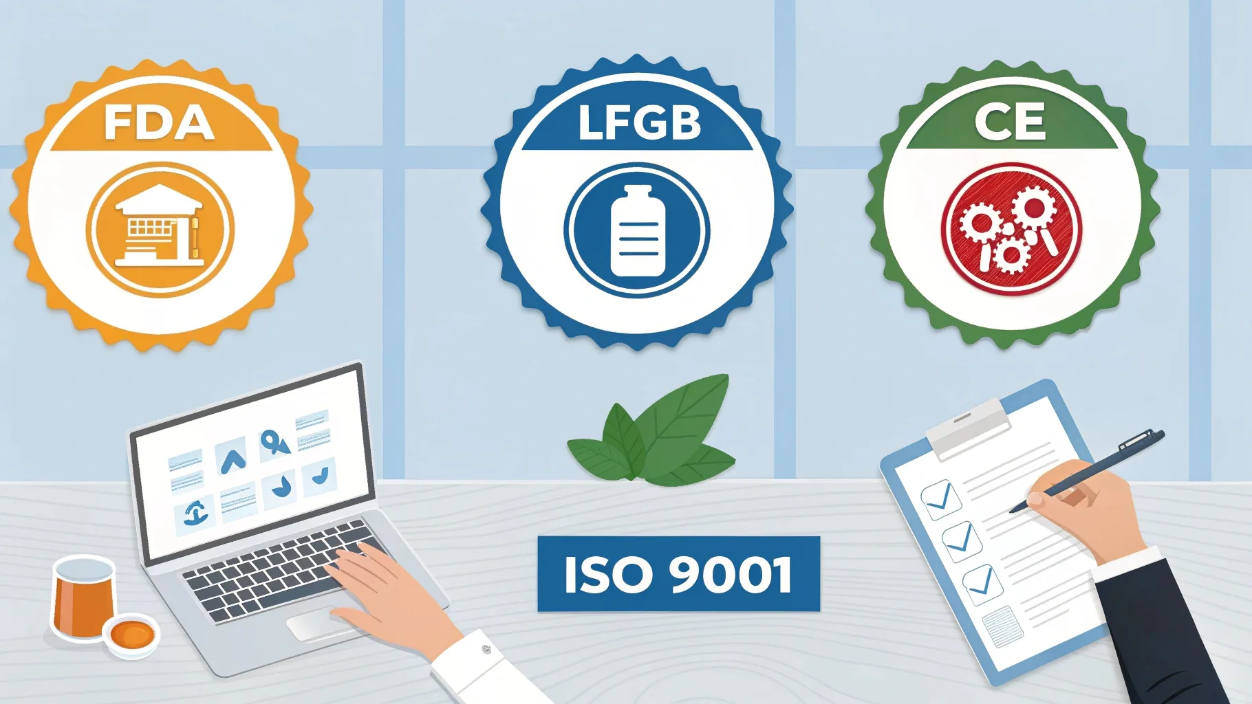 Certification badges for FDA, LFGB, and CE compliance in a business setting.