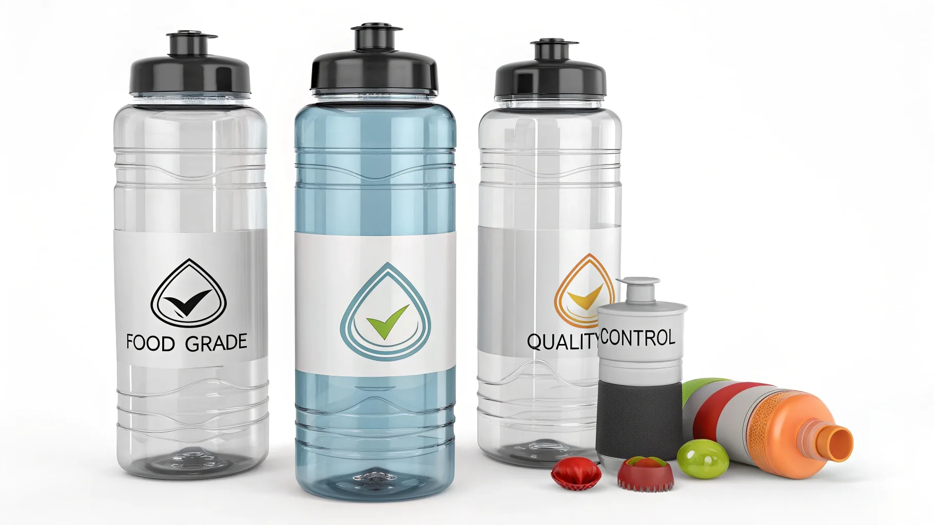 Food-safe plastic bottles with certification labels.