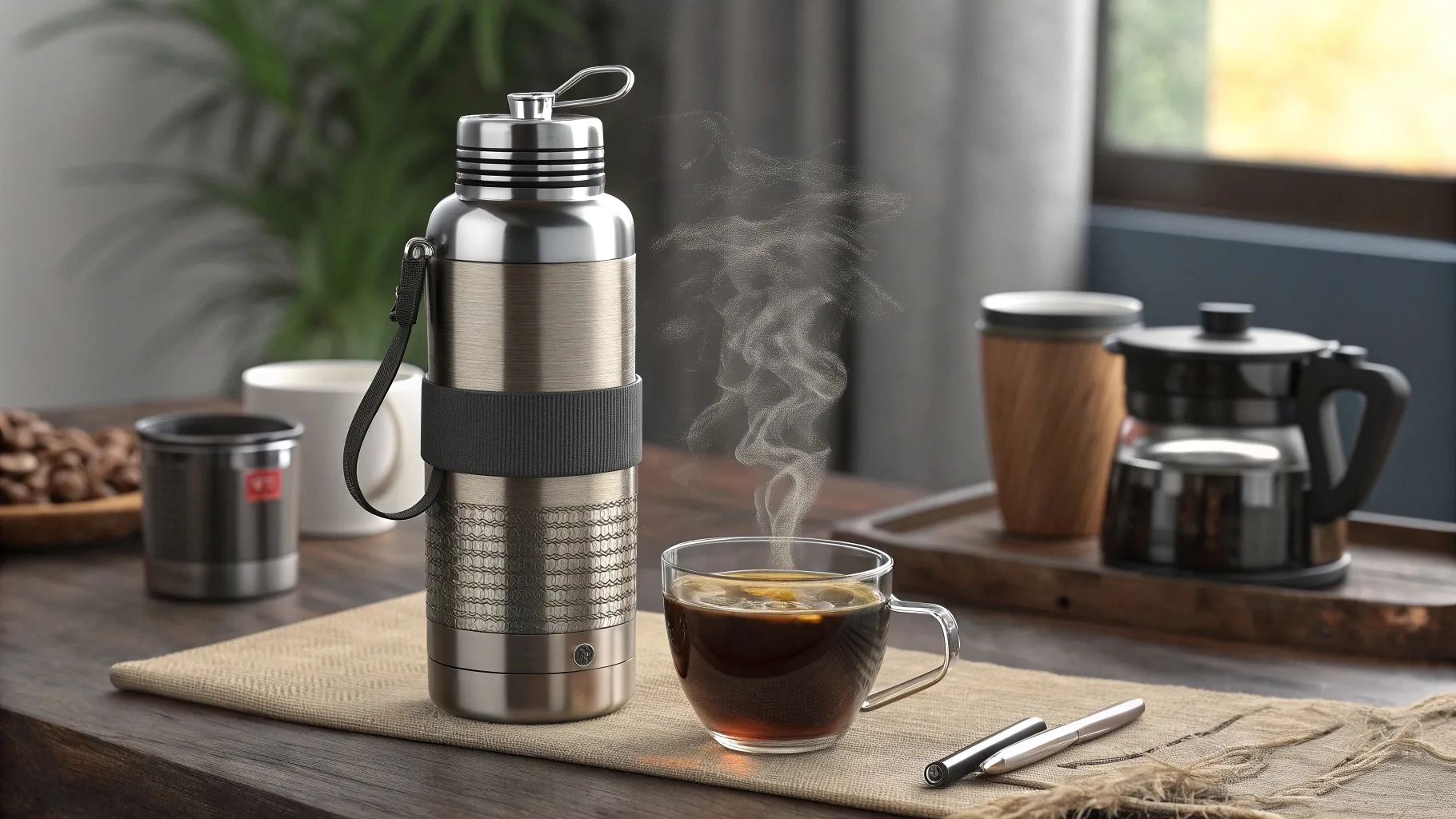 A hot beverage bottle with steaming coffee.