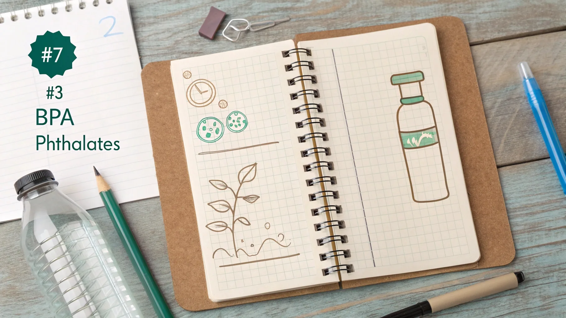 Open notebook with a sketch of a reusable bottle and chemical safety concerns.