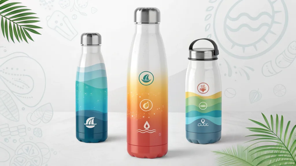 Three reusable water bottles with elegant gradient designs and nature-themed icons.