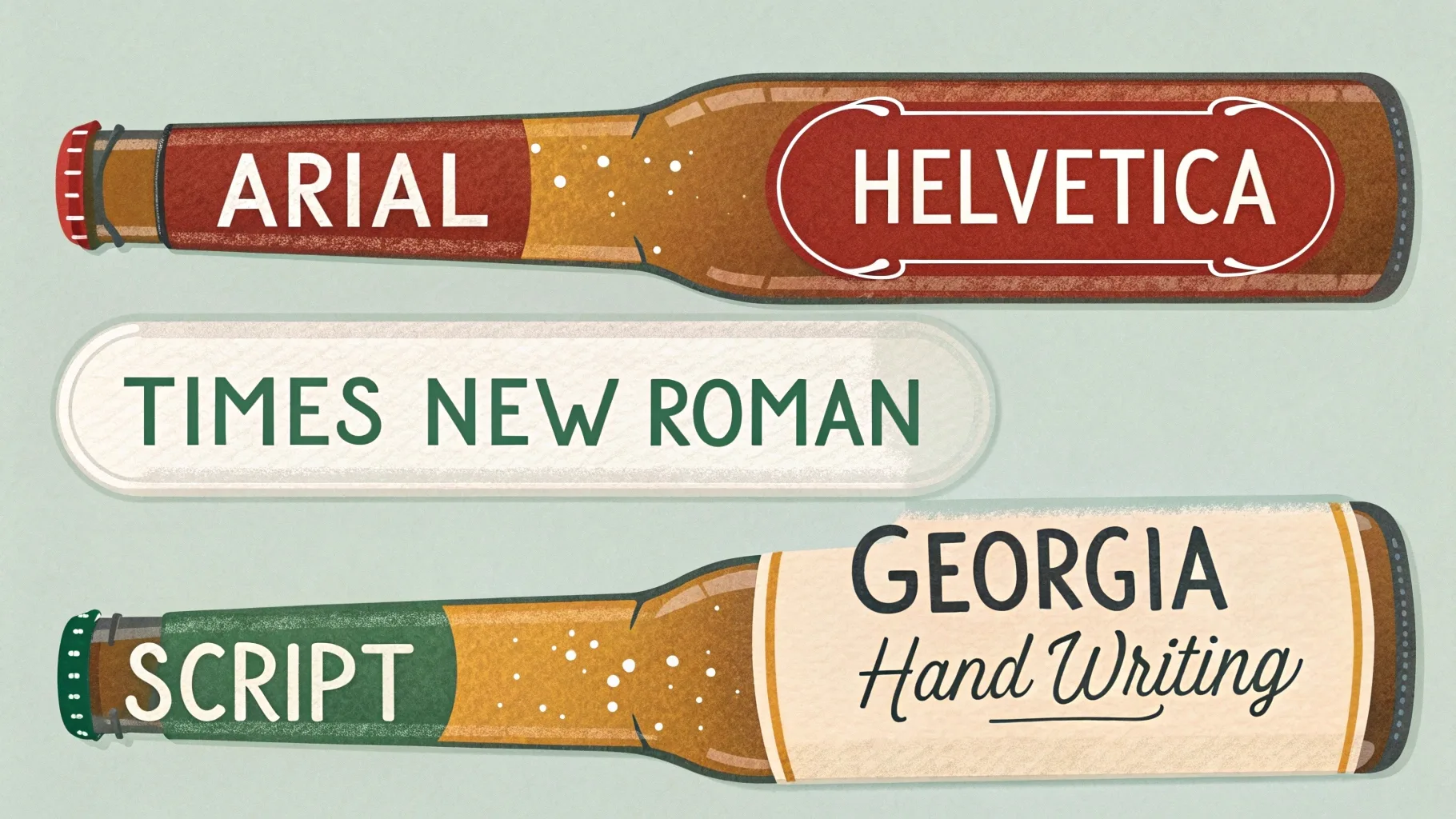 Different font styles displayed on bottle illustrations.