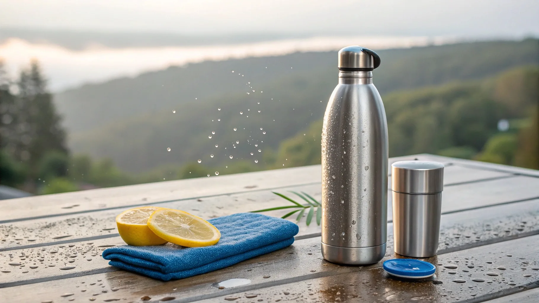 A bottle outdoors with a refreshing setup.