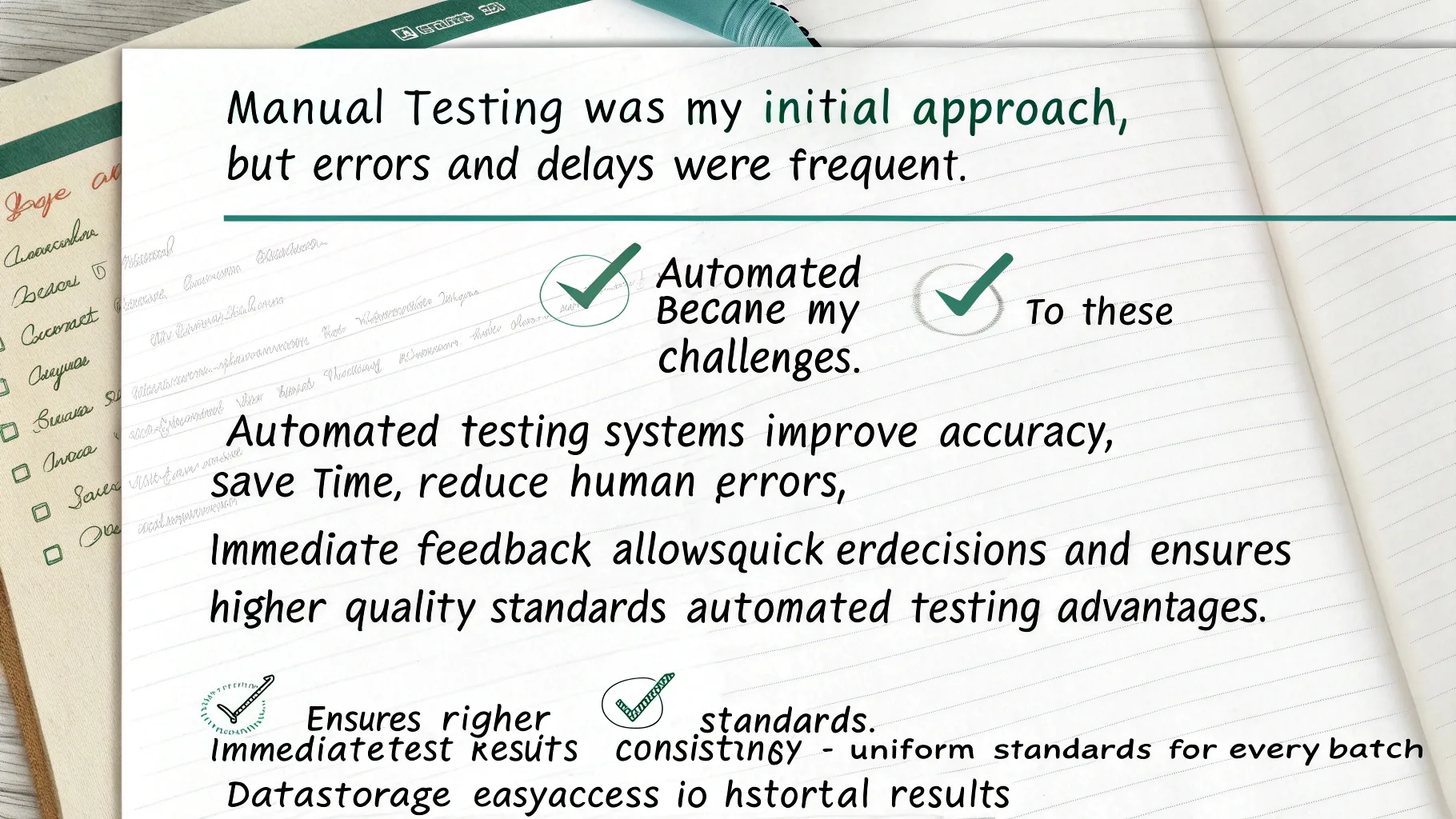 A notepad comparison of manual vs. automated testing.