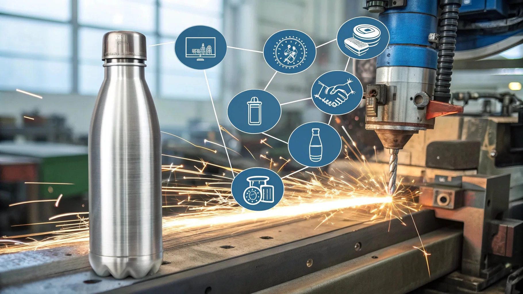 Steel bottle manufacturing with sparks and icons.