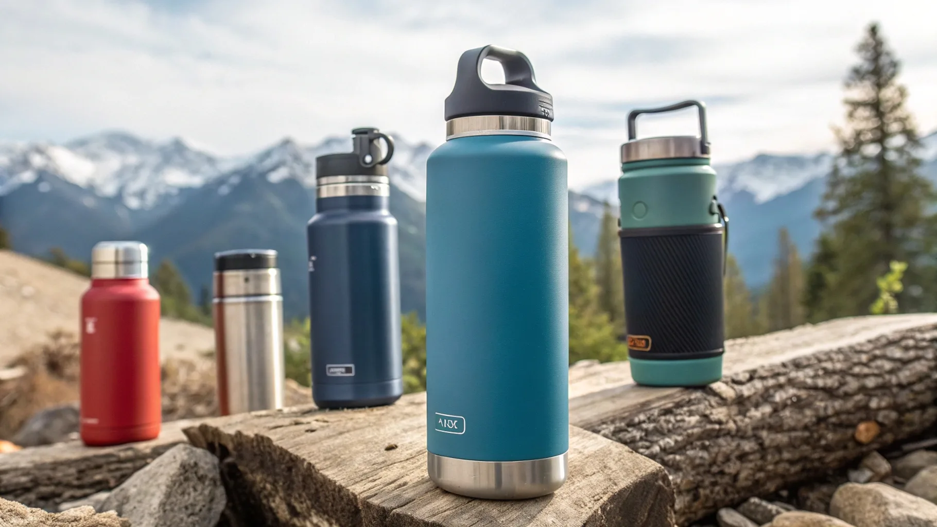 A variety of insulated water bottles placed outdoors with a mountain backdrop.