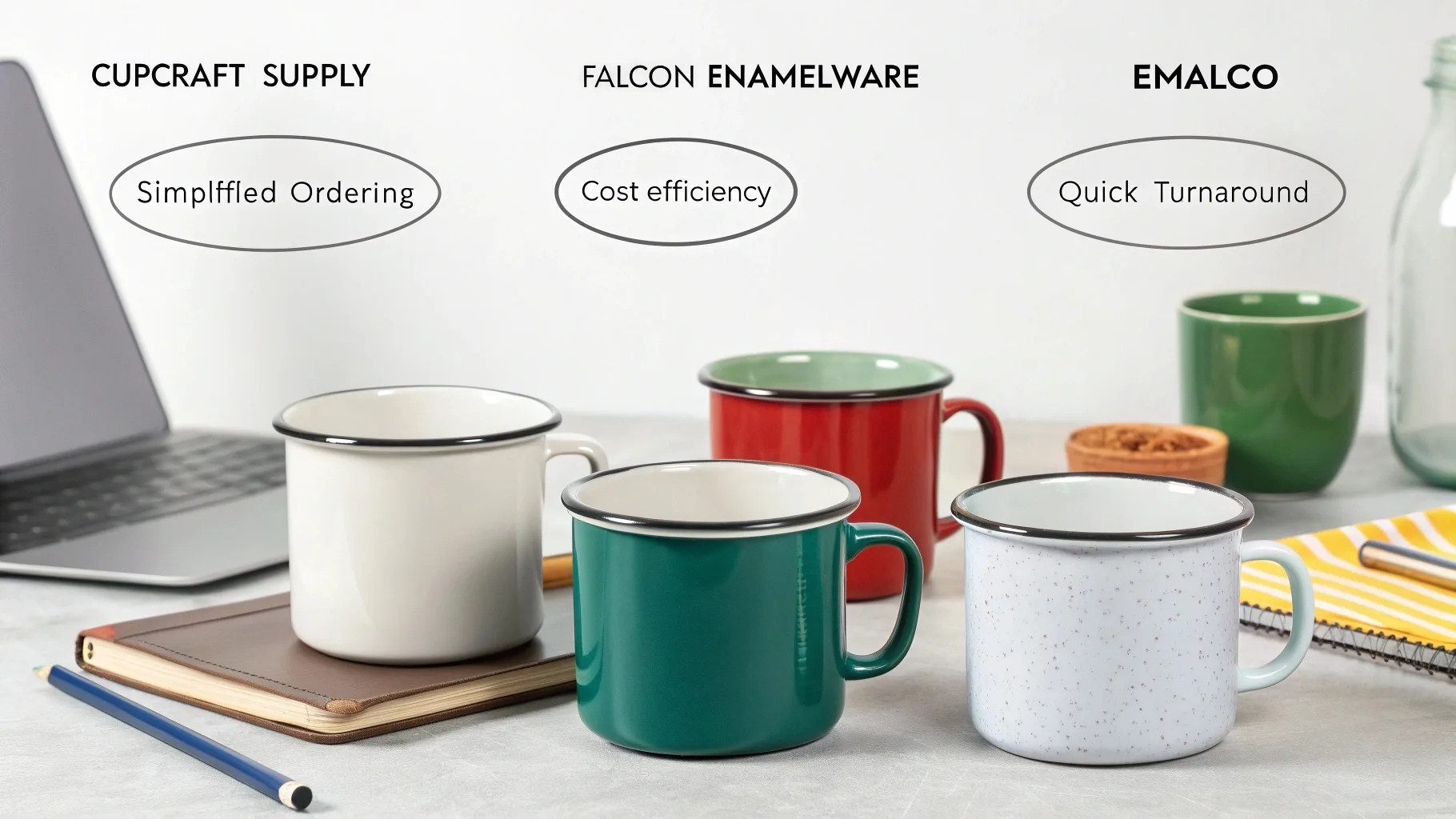 A set of colorful enamel mugs with supplier names and key benefits.