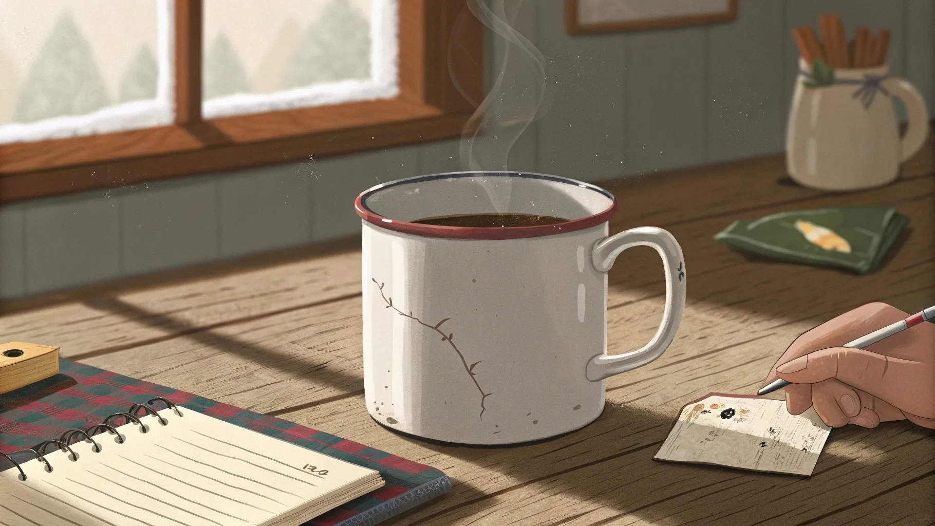 A rustic enamel mug with a visible chip, steaming with coffee on a wooden table.