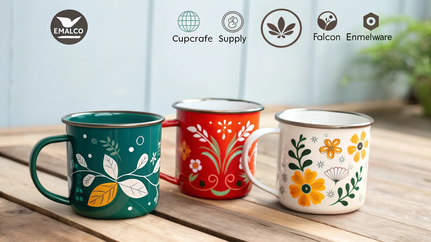 Three colorful enamel mugs with floral folk art designs.