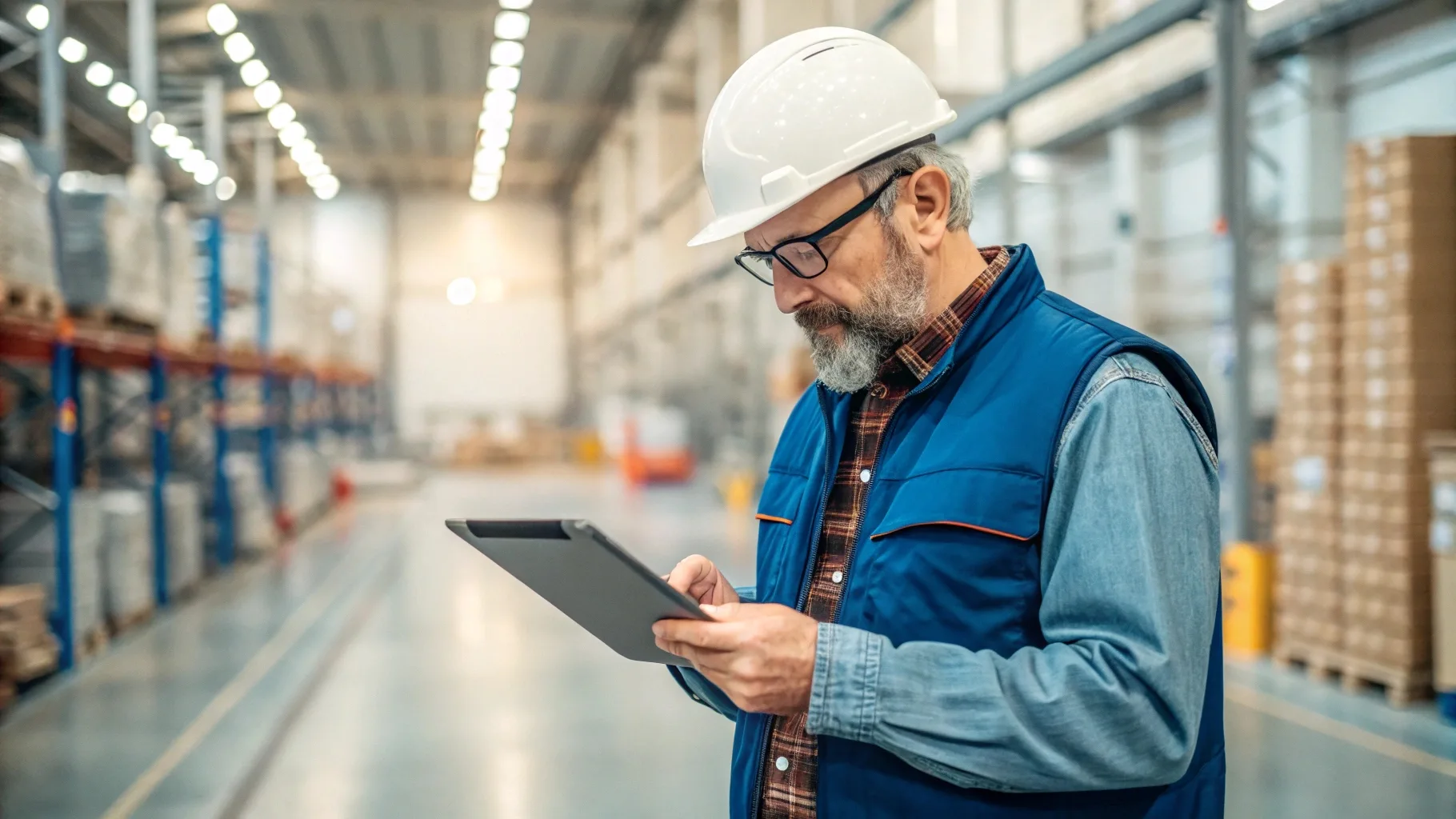 A factory worker in a hard hat inspecting data on a tablet.