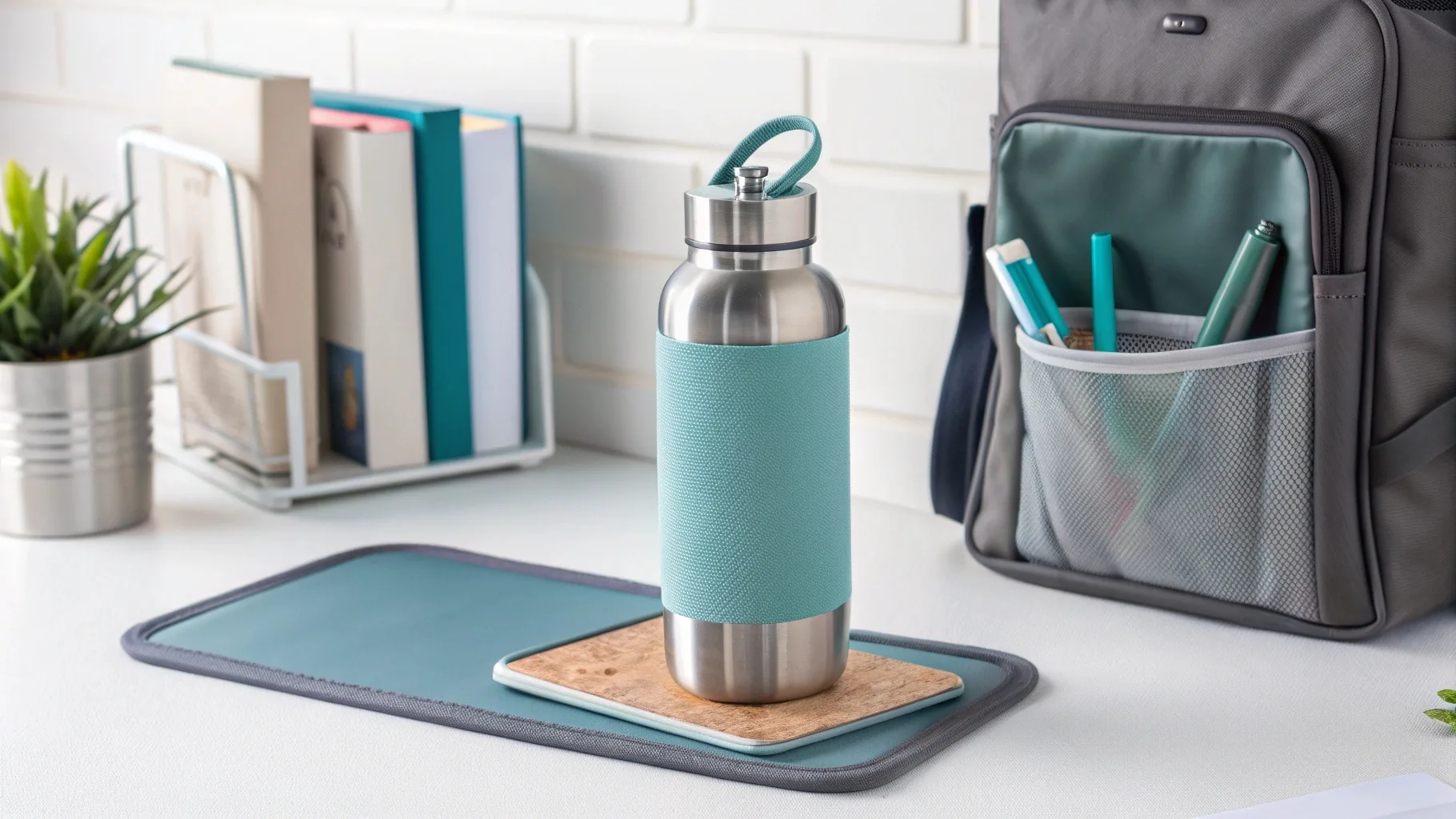 A stylish water bottle on a study desk.