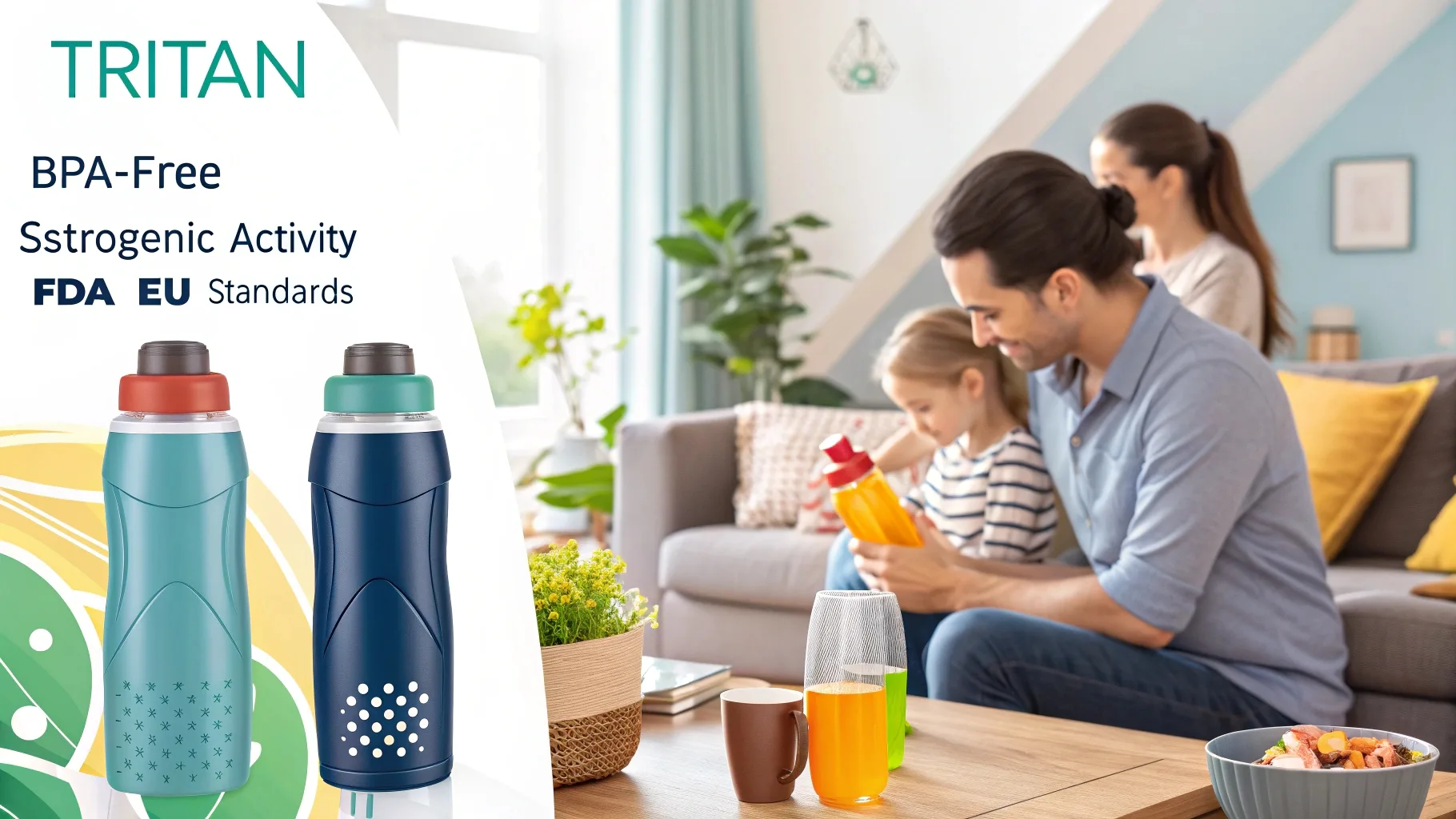 A family using BPA-free Tritan water bottles.