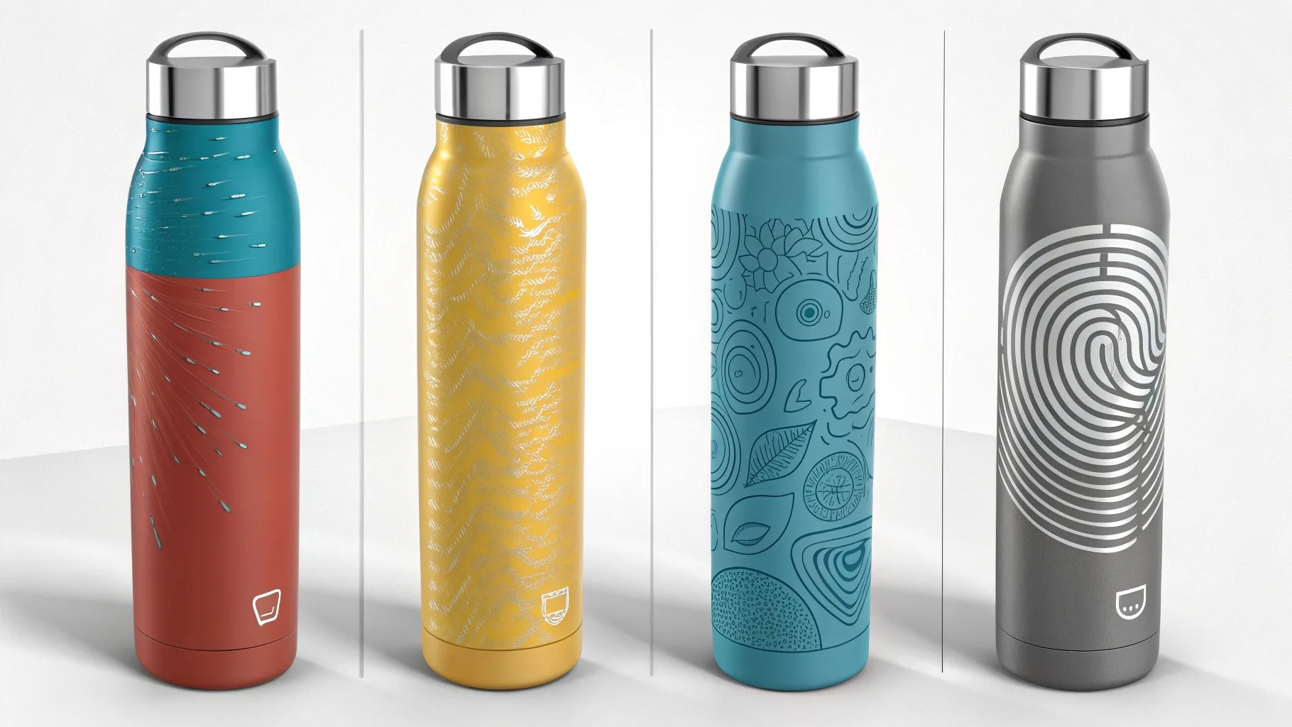Four uniquely designed stainless steel water bottles.
