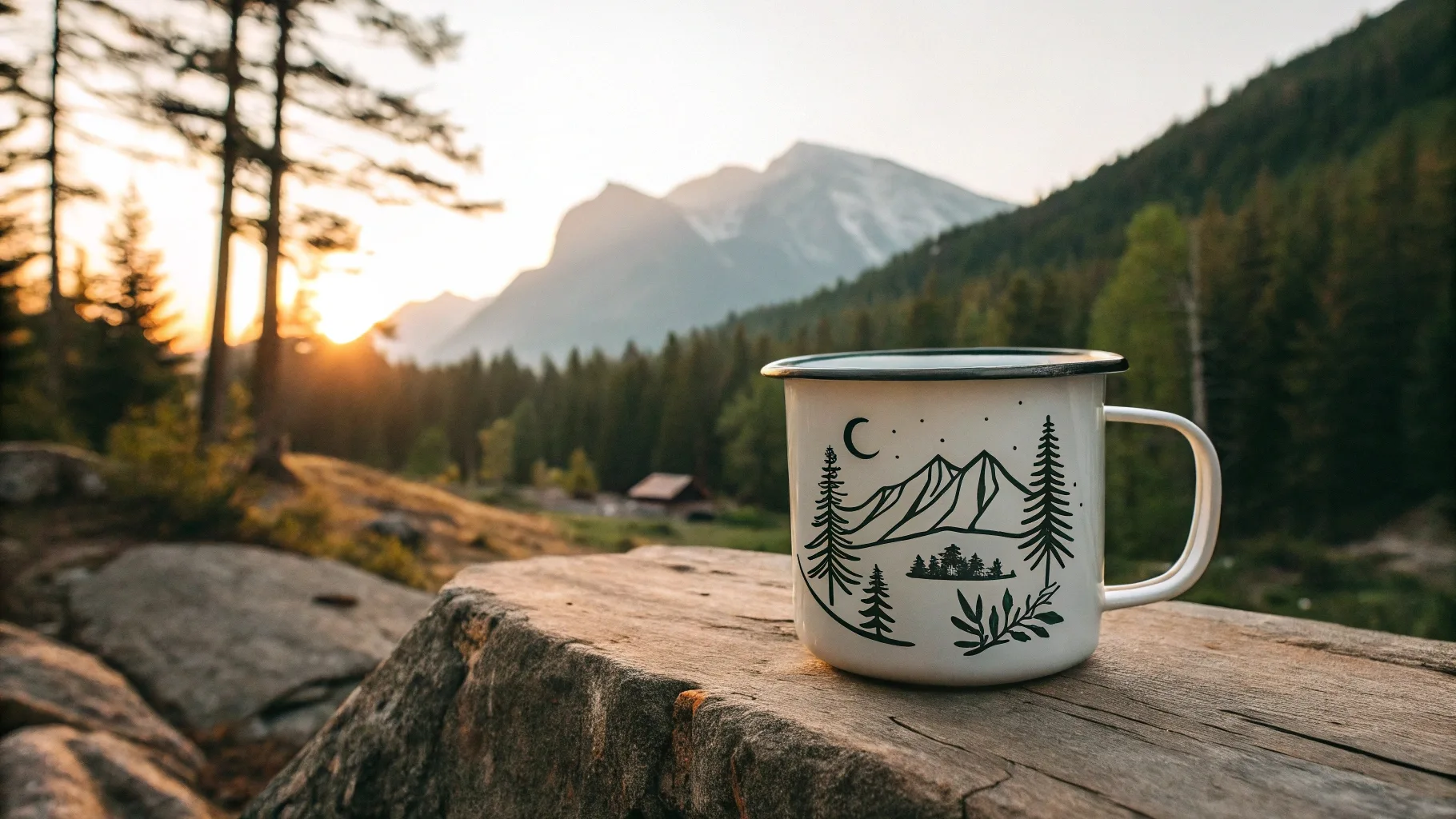 An enamel mug with a minimalist mountain print against a scenic sunrise.