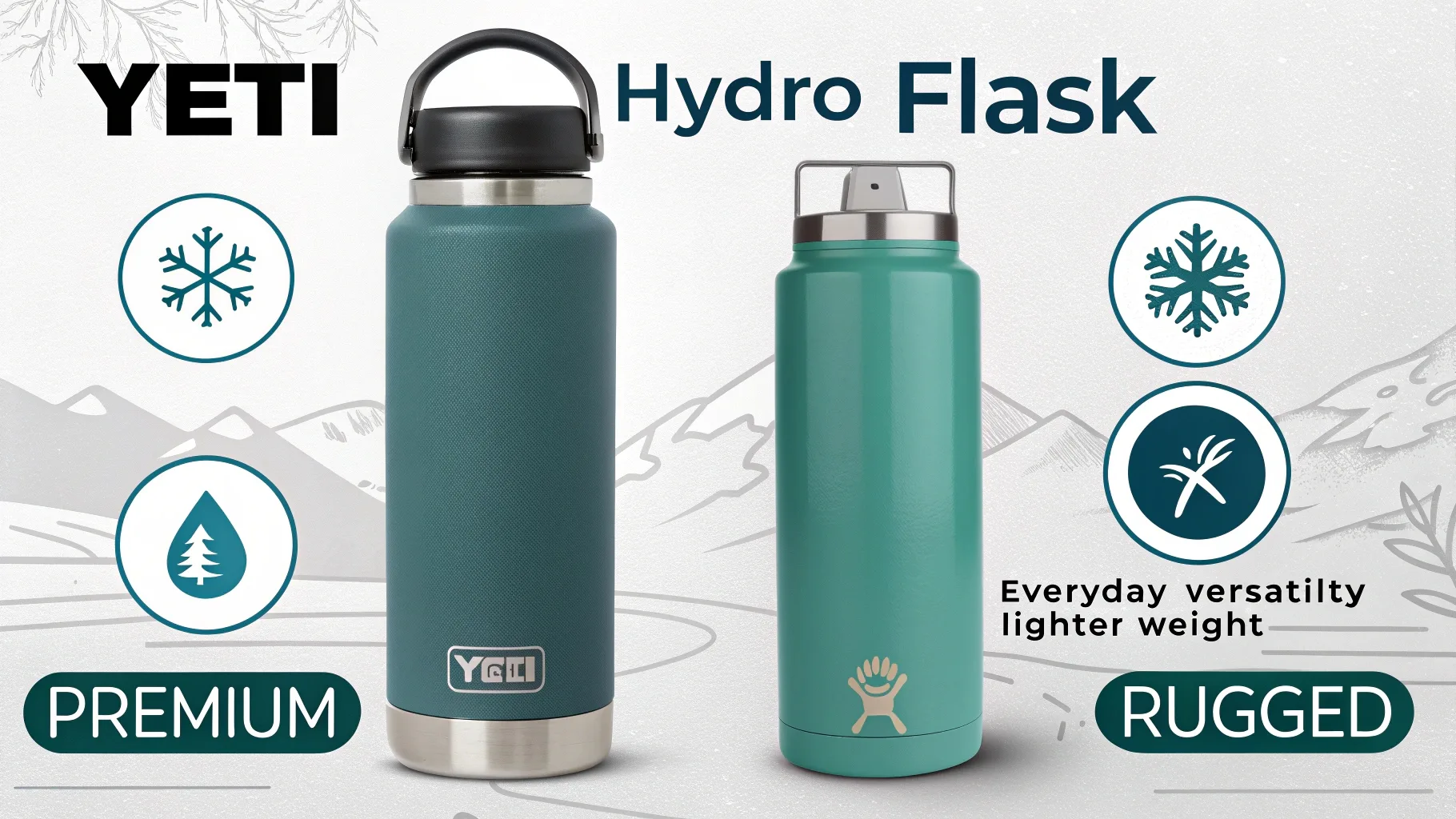 A side-by-side comparison of YETI and Hydro Flask bottles with feature highlights.