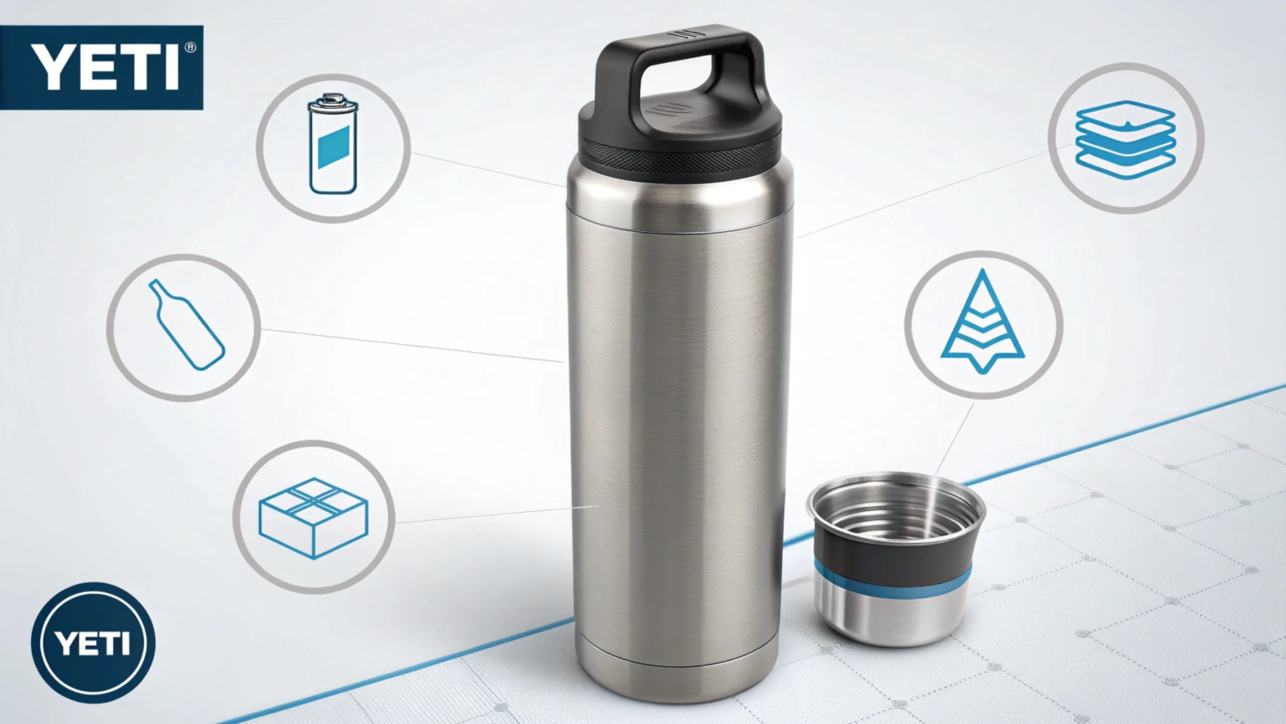 A stainless steel YETI bottle with feature icons surrounding it.